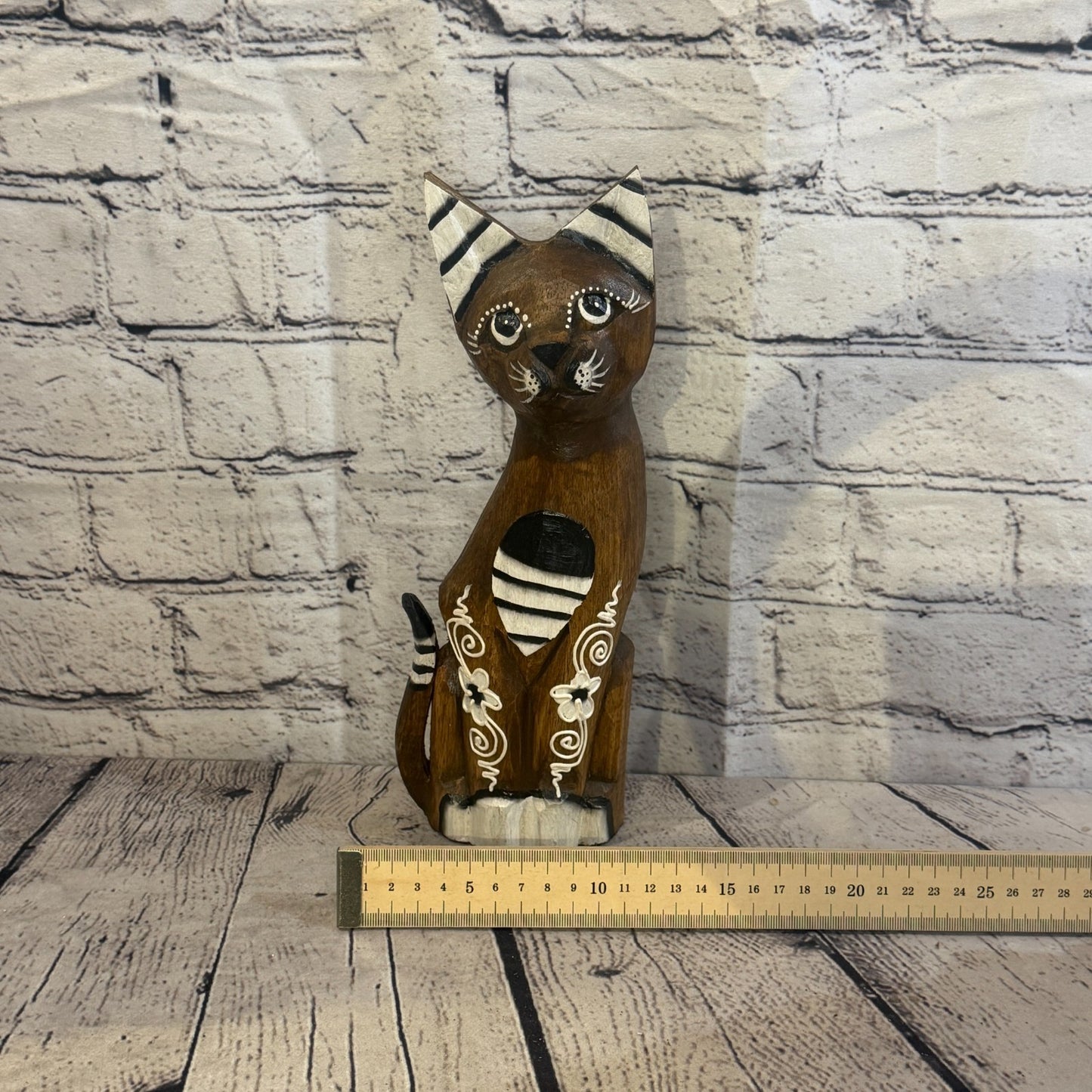 30cm Brown Flower Wooden Shabby Cat Statue Ornament Fair Trade Handcarved6