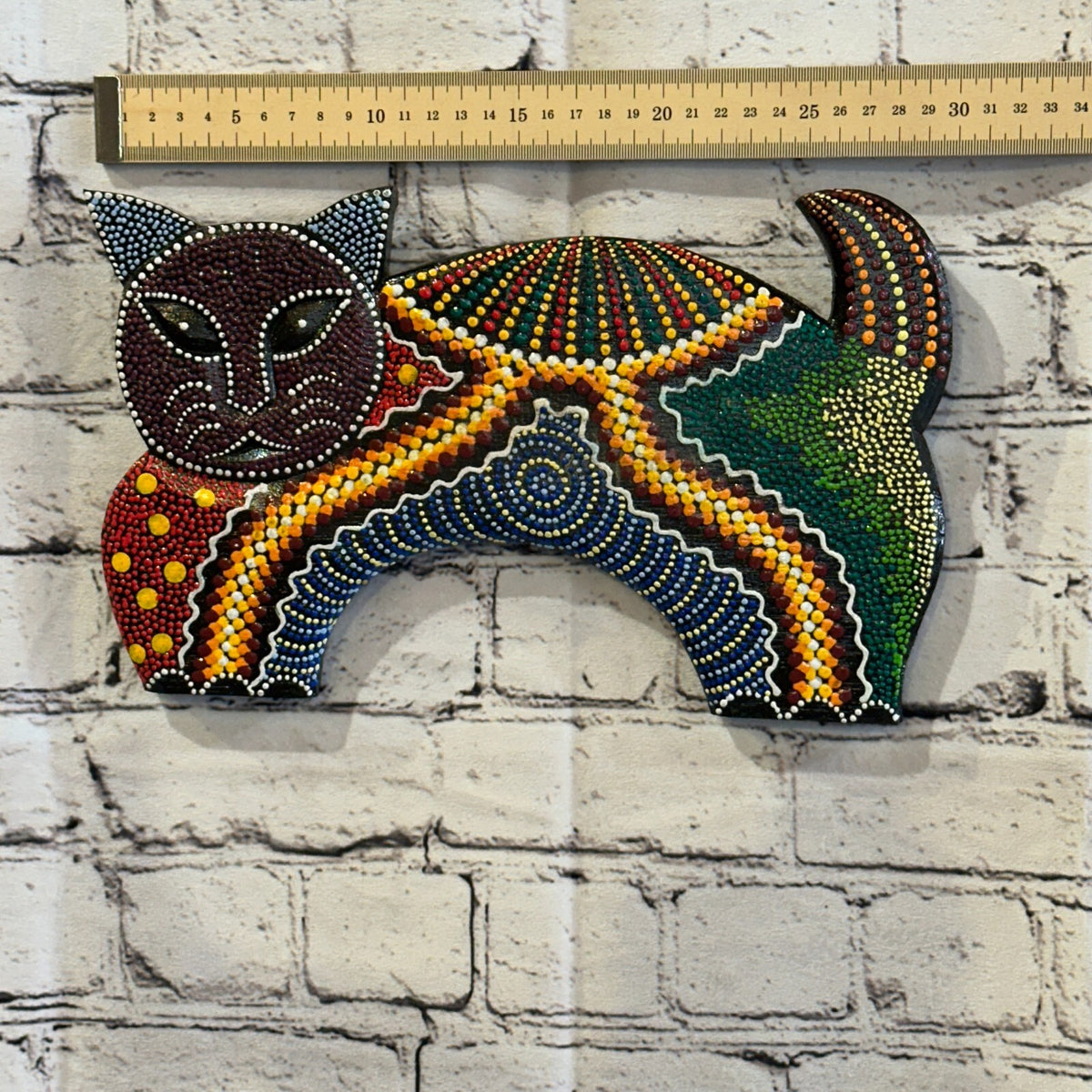 30cm Purple Cat Carved Wooden Dot Painted Ethnic Tribal Tiki Wall Art Handmade4