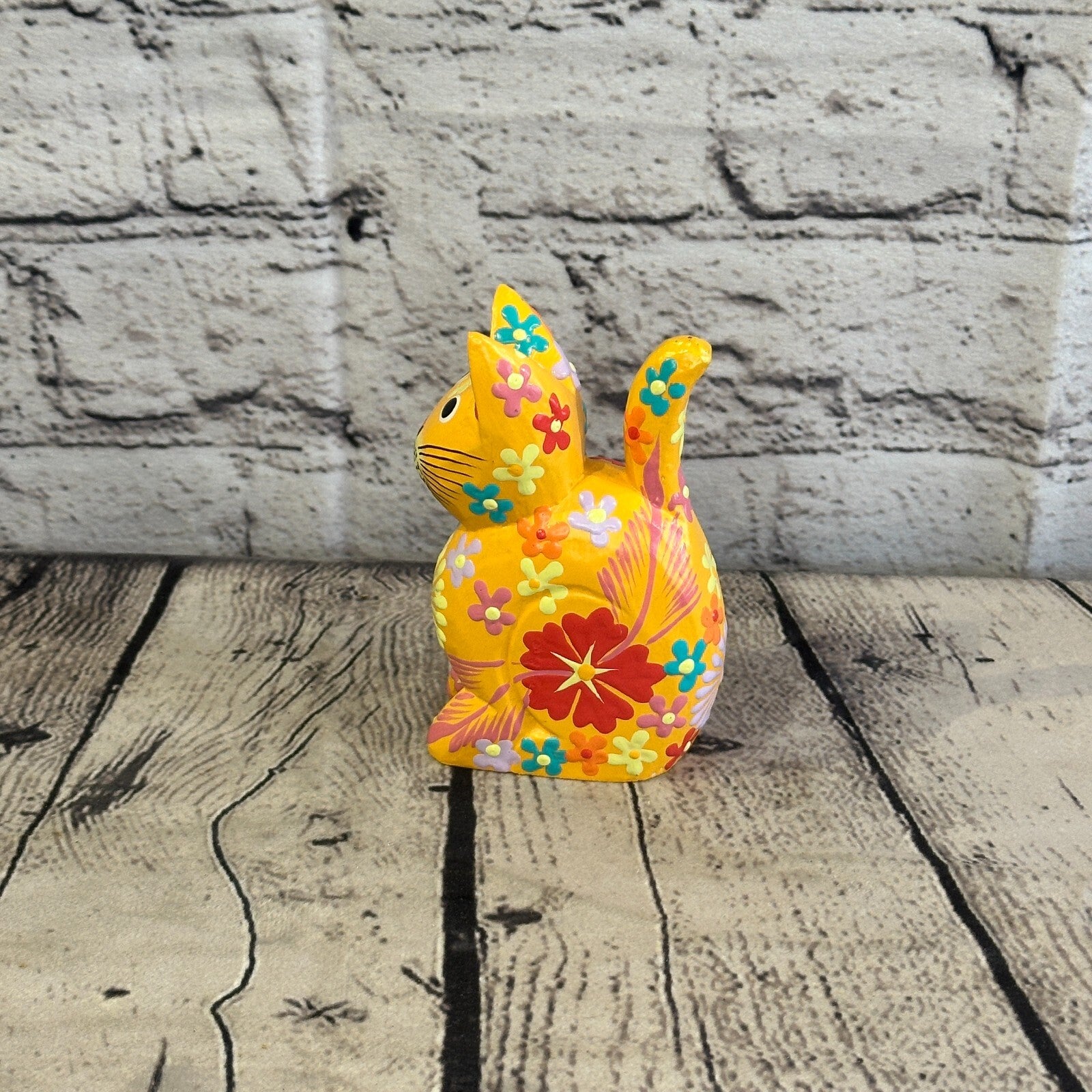 Orange Small Wooden Cat With Flower Pattern 12cm x 6cm Handmade and Fairtrade3