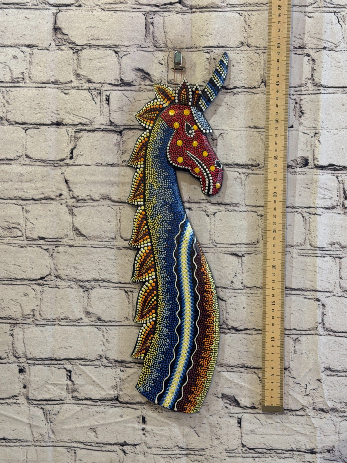 45cm Unicorn Carved Wooden Dot Painted Ethnic Tribal Tiki Wall Art No 24