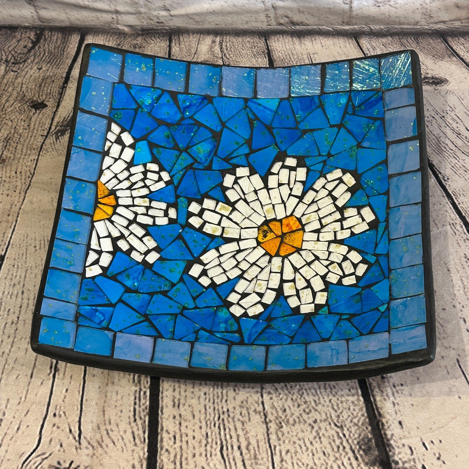 25cm Blue Daisy Flower Square Mosaic Handmade Ceramic Glass Tile Bowl Fruit0