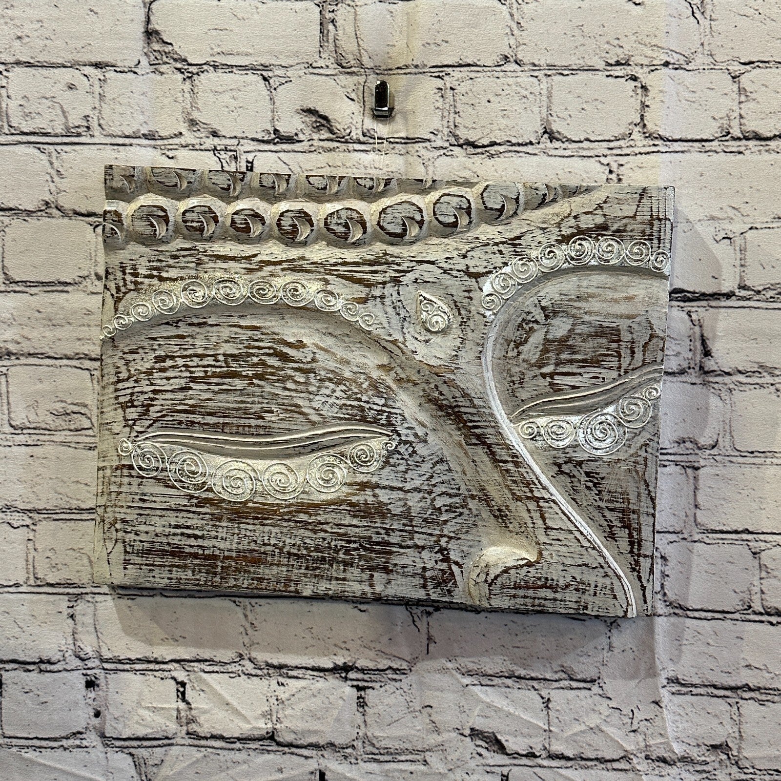 Wooden Wood Panel 40cm Brown White Buddha Eyes Lotus Wall Art Plaque Handcarved2