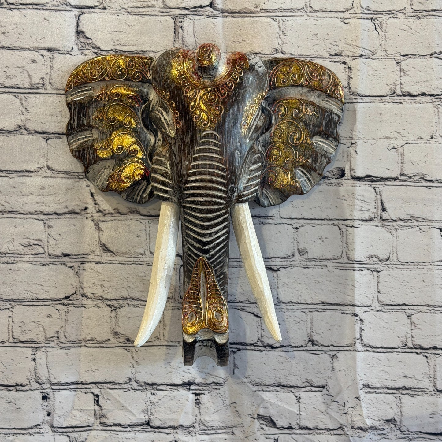 40cm x 40cm Brown Gold Painted Wood Elephant Head Wall Mounted Art Shabby2
