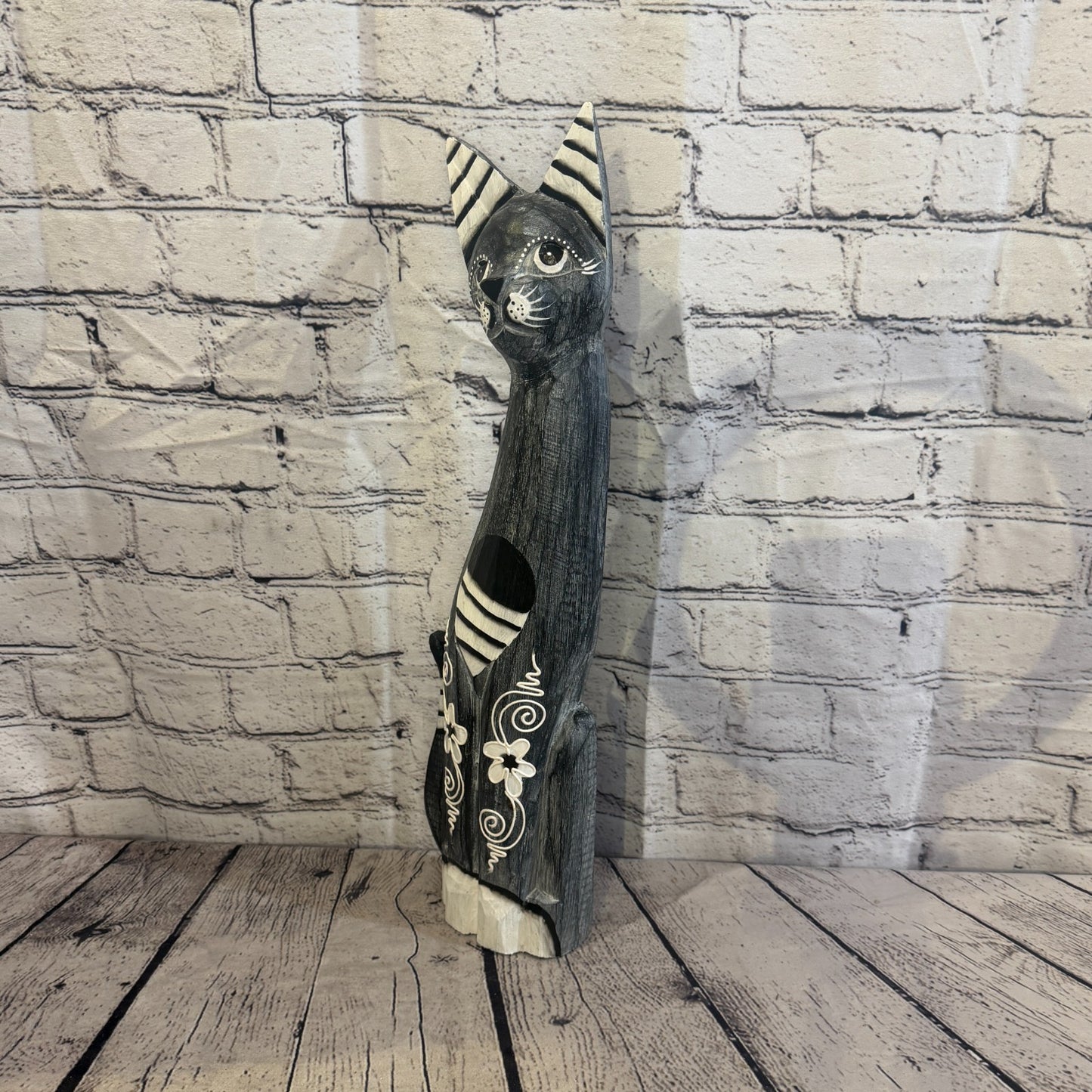 50cm Grey Flower Wooden Shabby Cat Statue Ornament Fair Trade Handcarved1