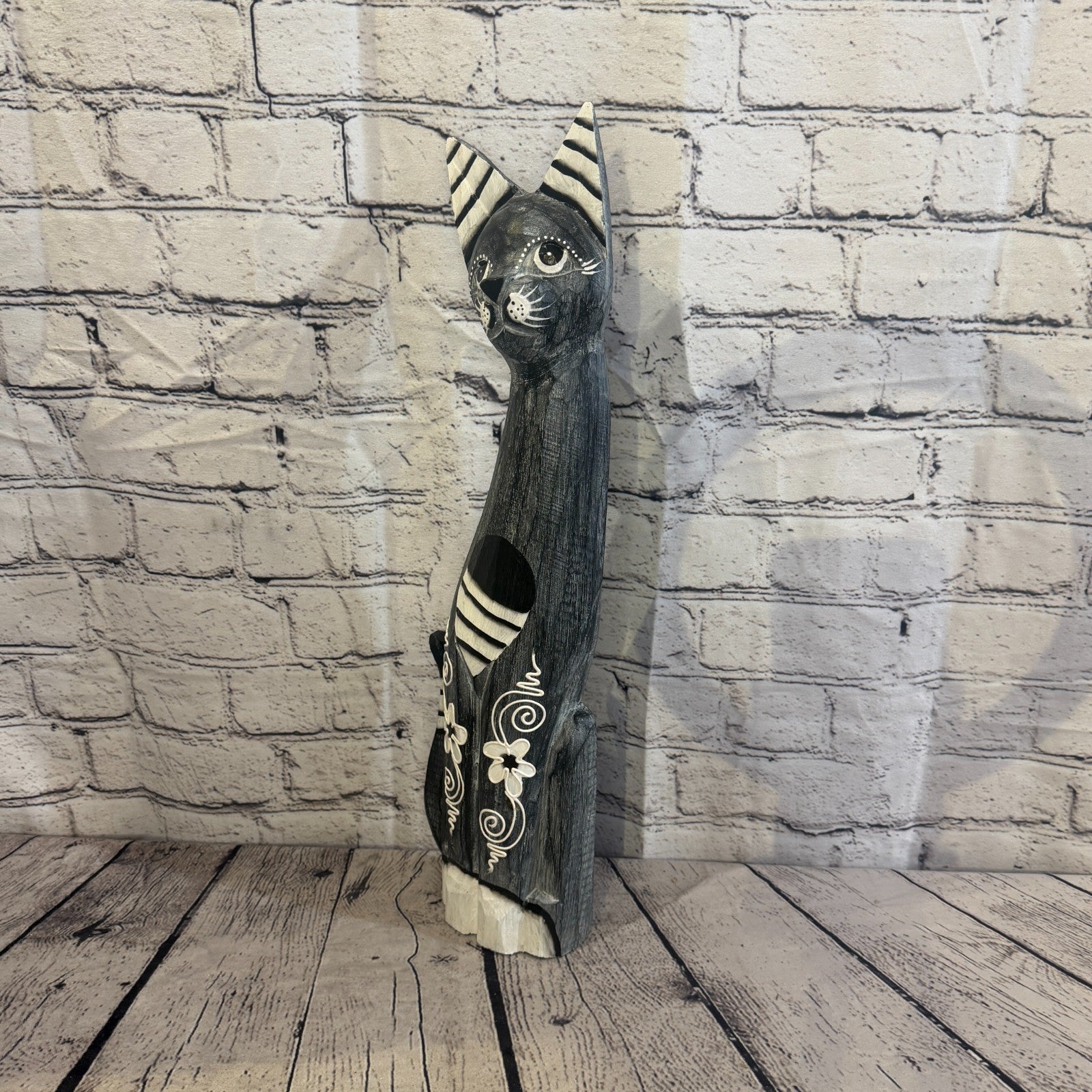 50cm Grey Flower Wooden Shabby Cat Statue Ornament Fair Trade Handcarved1