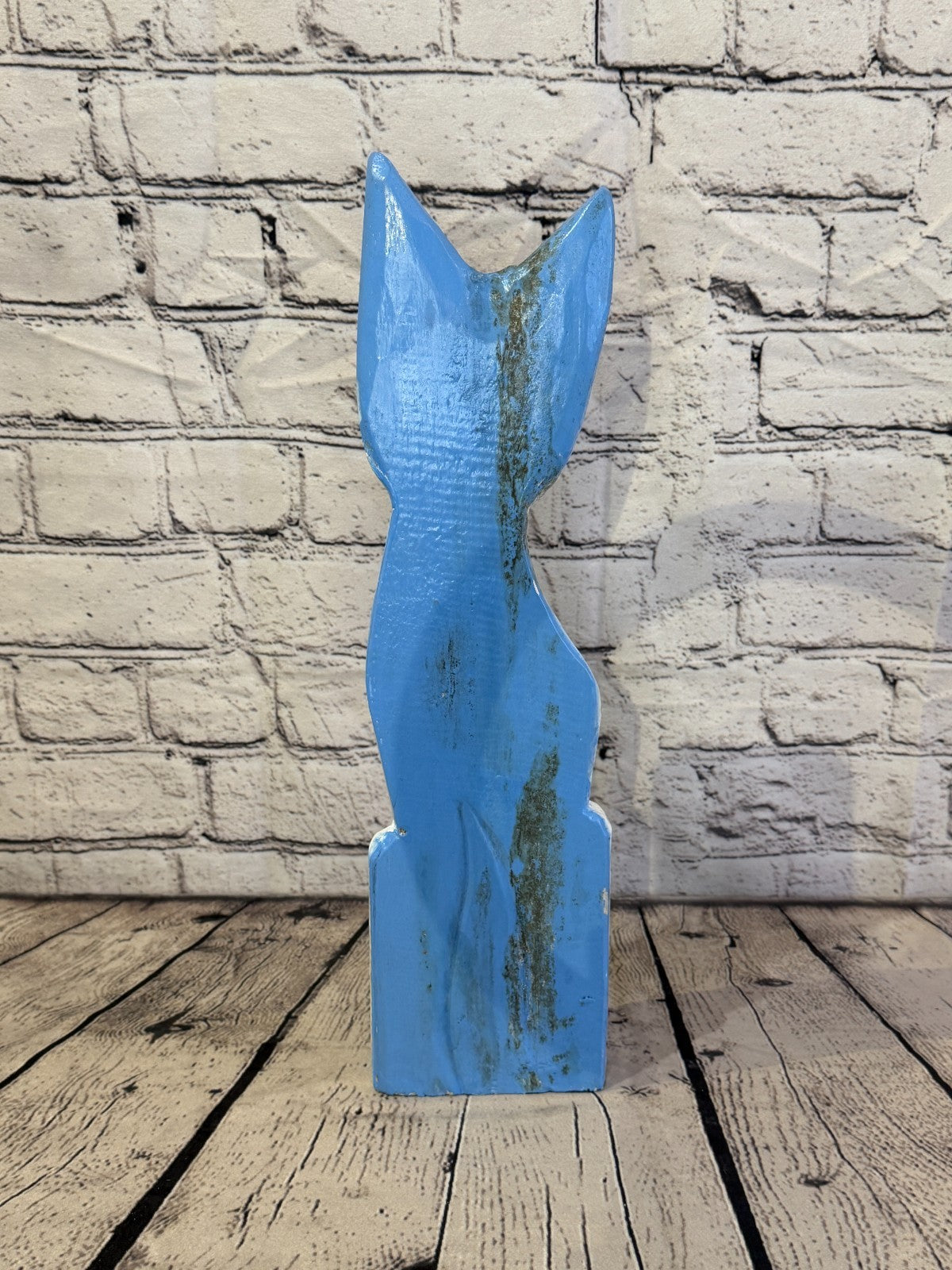 40cm Blue White Flower Wooden Shabby Cat Statue Ornament Fair Trade Handcarved4