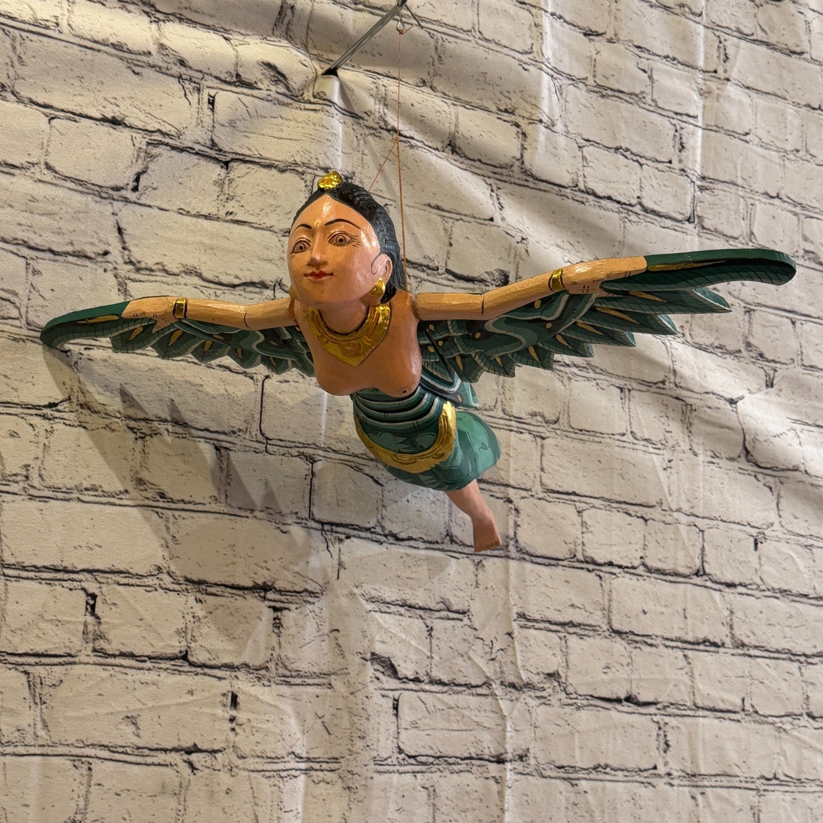 35cm Green Sita Hindu Folk Art Carved Wood Flying Winged Mobile Spirit Guardian3