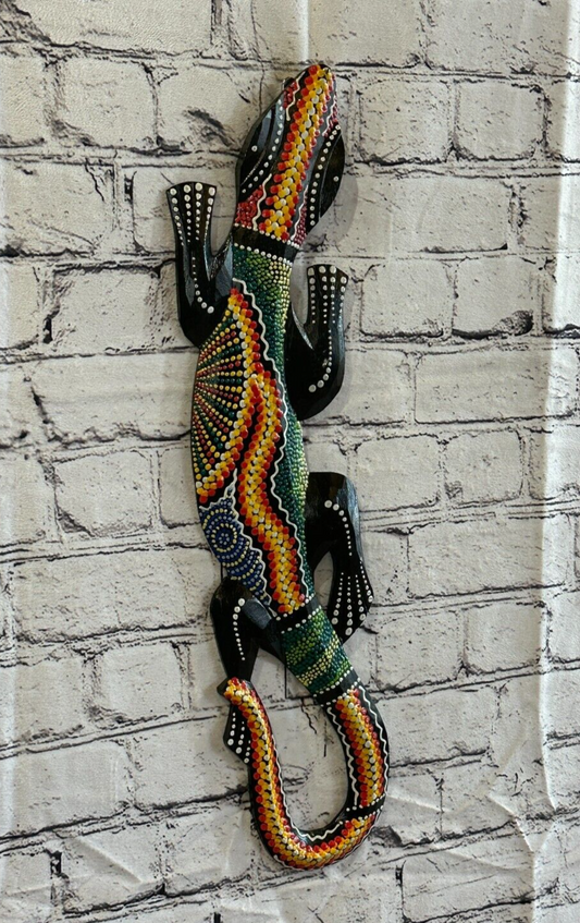 50cm Gecko Carved Wooden Dot Painted Ethnic Tribal Tiki Wall Art Handmade No 10
