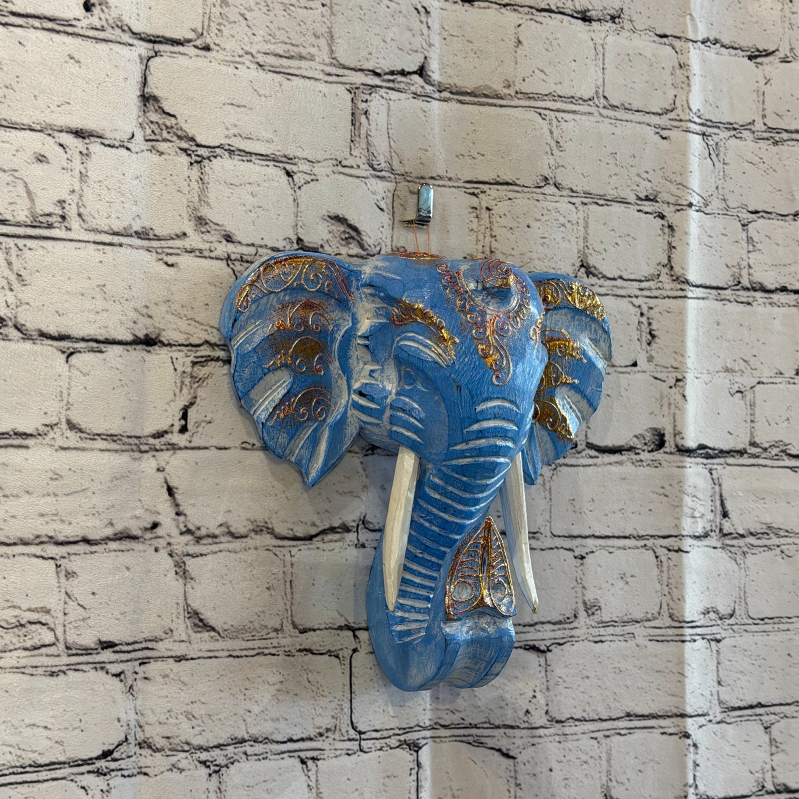 25cm x 25cm Blue Gold Painted Wood Elephant Head Wall Mounted Art Shabby0