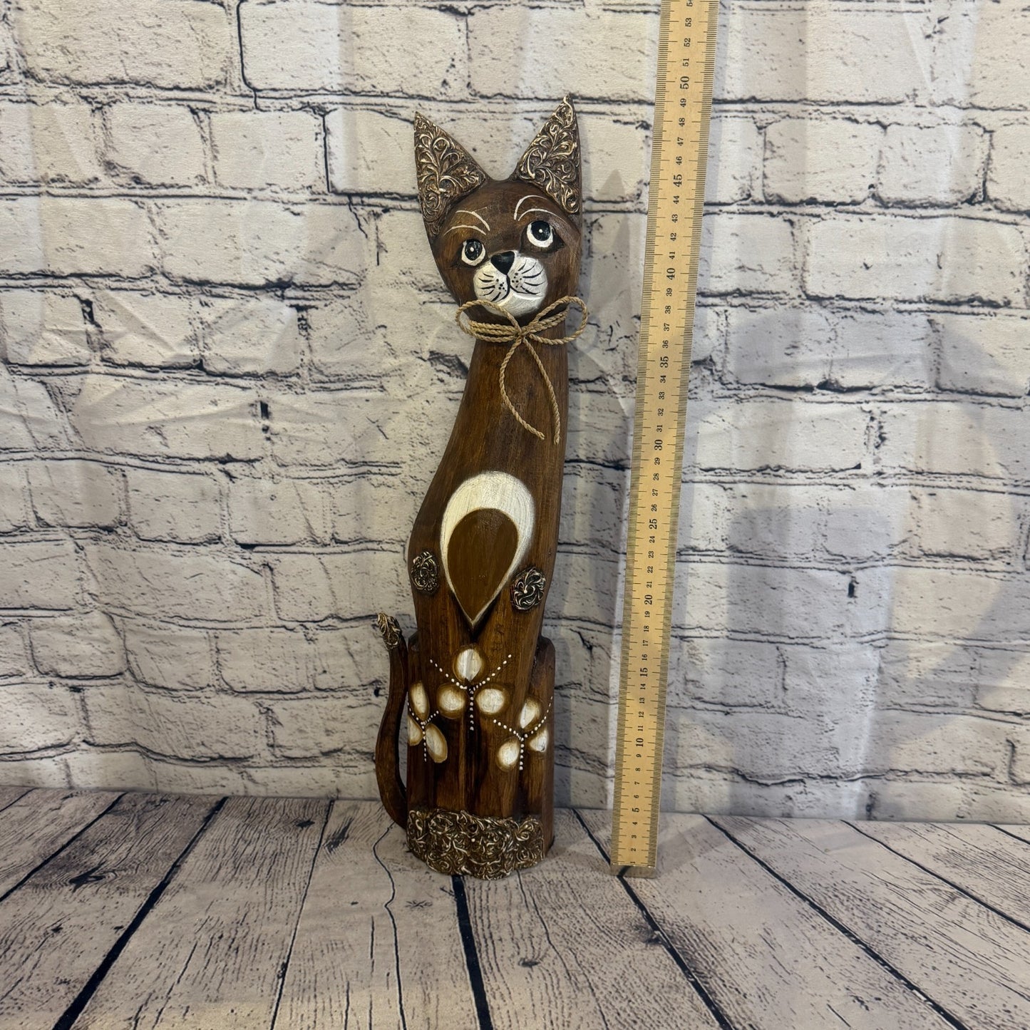 50cm Brown Silver Dots Wooden Shabby Cat Statue Ornament Fair Trade Handcarved5