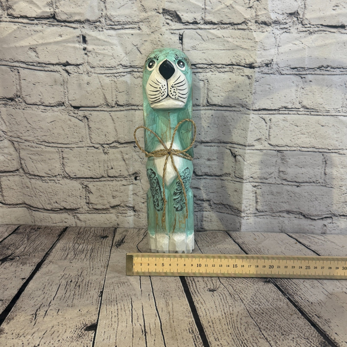 30cm Green Teal Wooden Shabby Dog Statue Ornament Fair Trade Handcarved6
