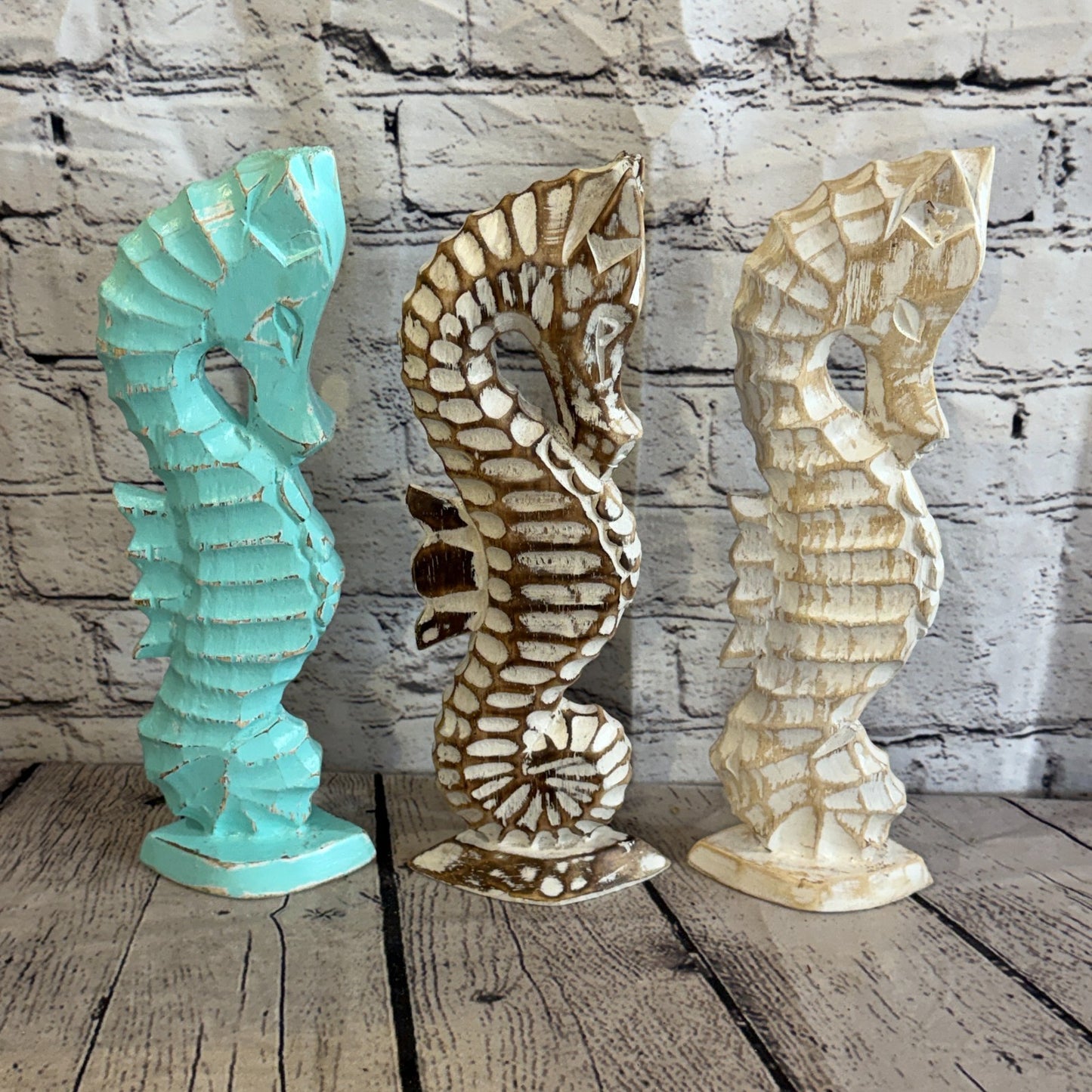 40cm Brown Wooden Shabby Seahorse Statue Ornament Fair Trade Handcarved9