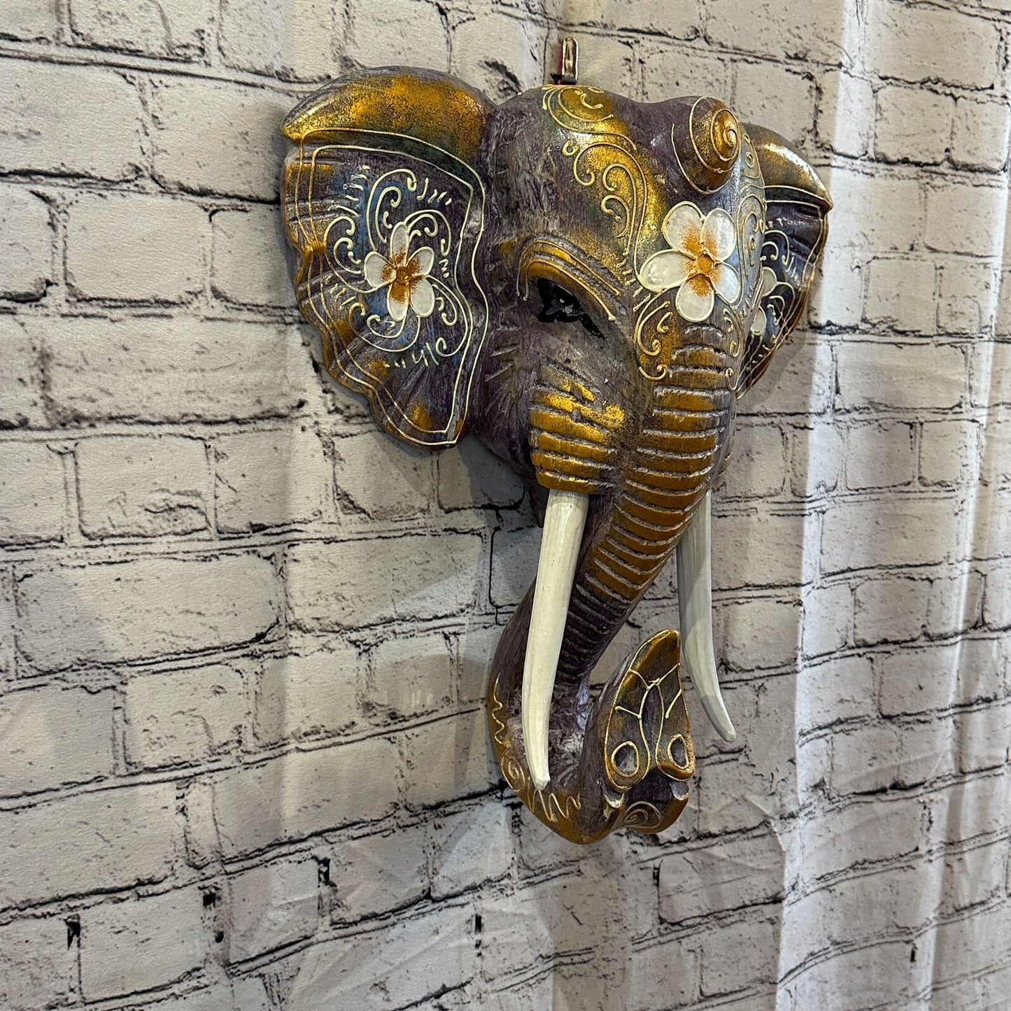 40cm x 35cm Purple Flower Painted Wood Elephant Head Wall Mounted Art Shabby0