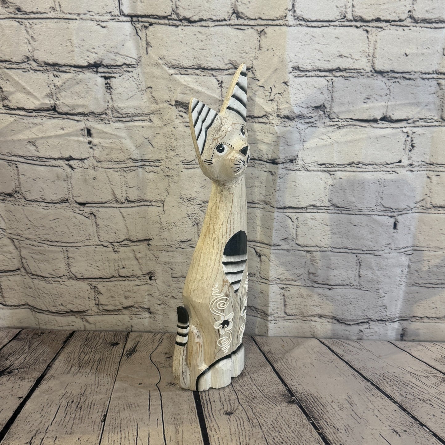 40cm White Flower Wooden Shabby Cat Statue Ornament Fair Trade Handcarved2