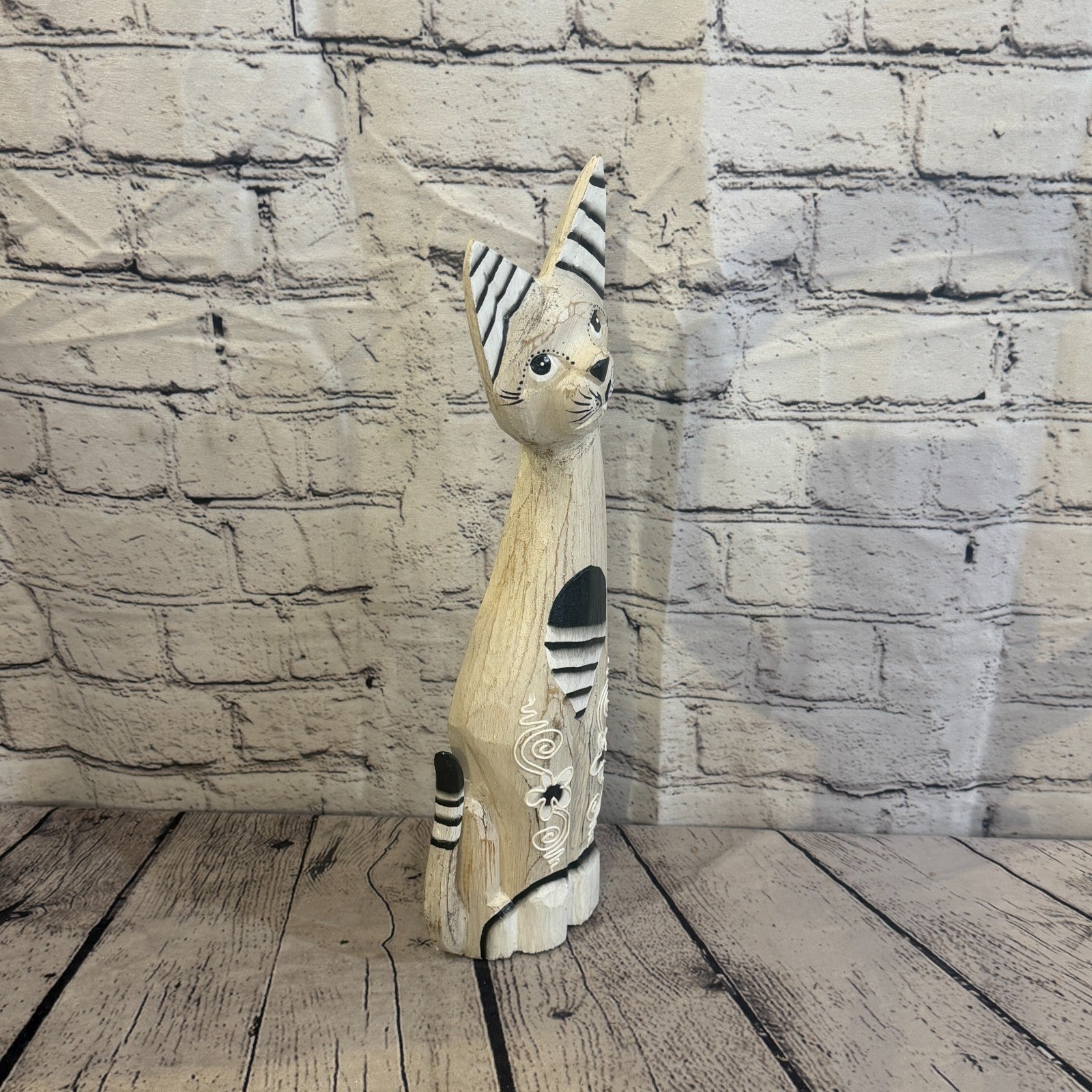 40cm White Flower Wooden Shabby Cat Statue Ornament Fair Trade Handcarved2