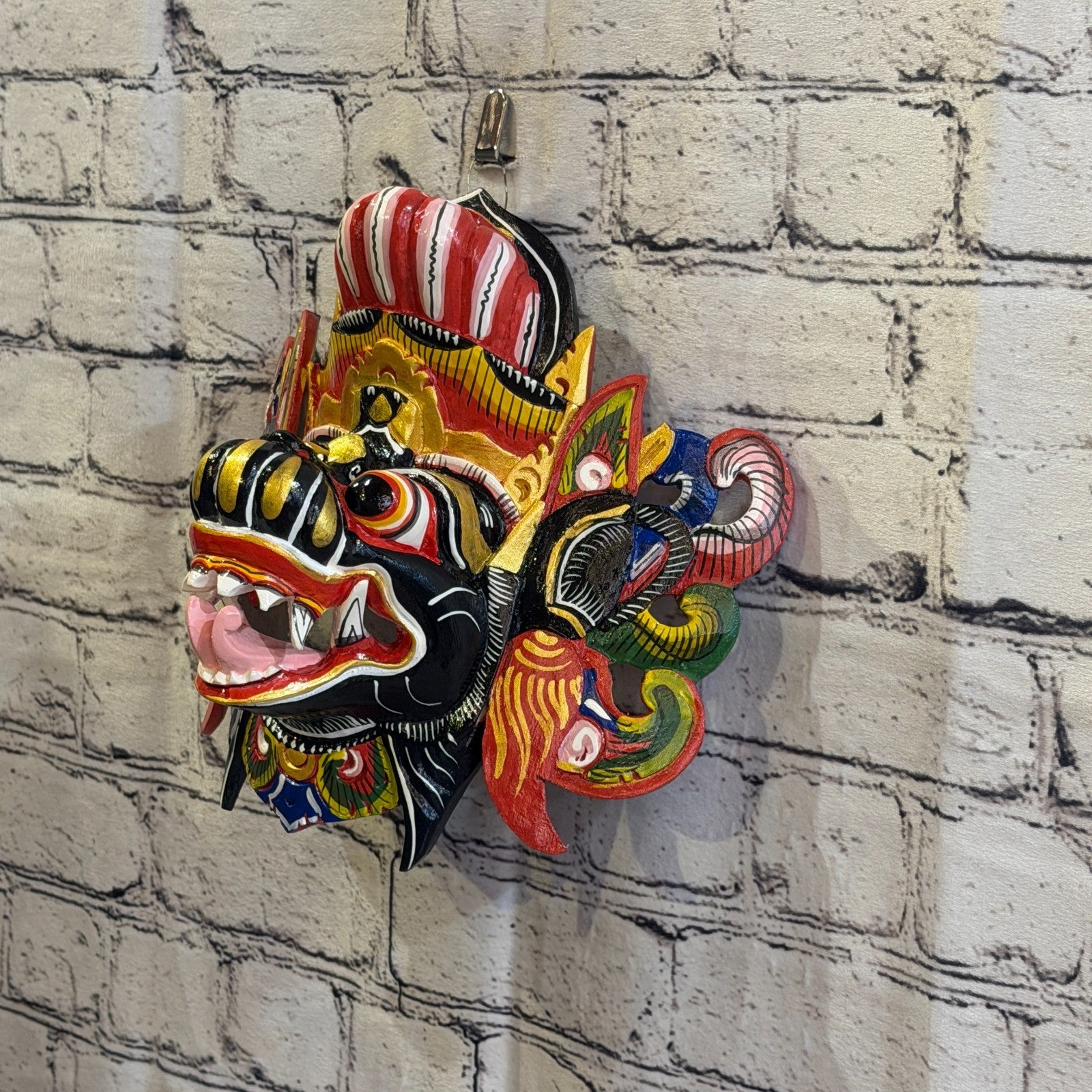 20cm Barong Wide Black Demon Dragon Hindu Deity Wooden Hand Carved Mask Painted1