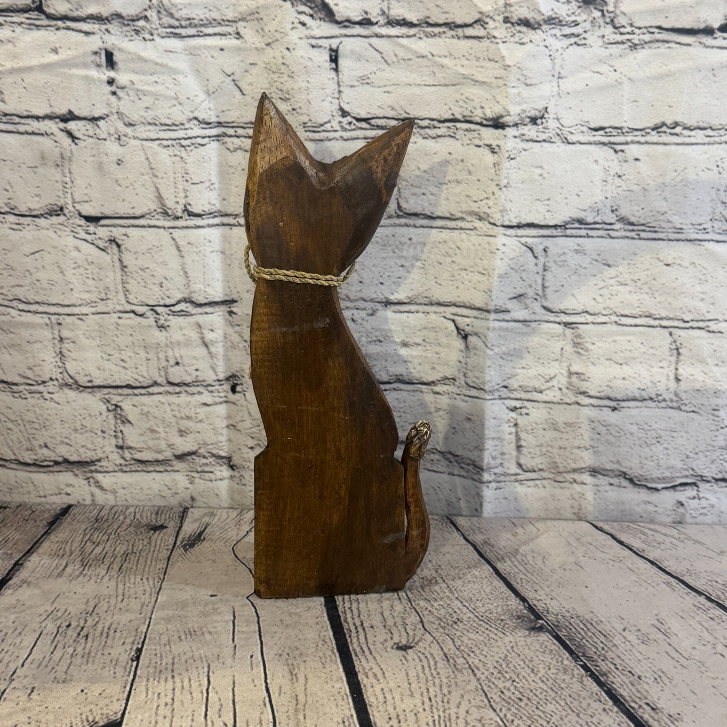 30cm Brown Silver Dots Wooden Shabby Cat Statue Ornament Fair Trade Handcarved4