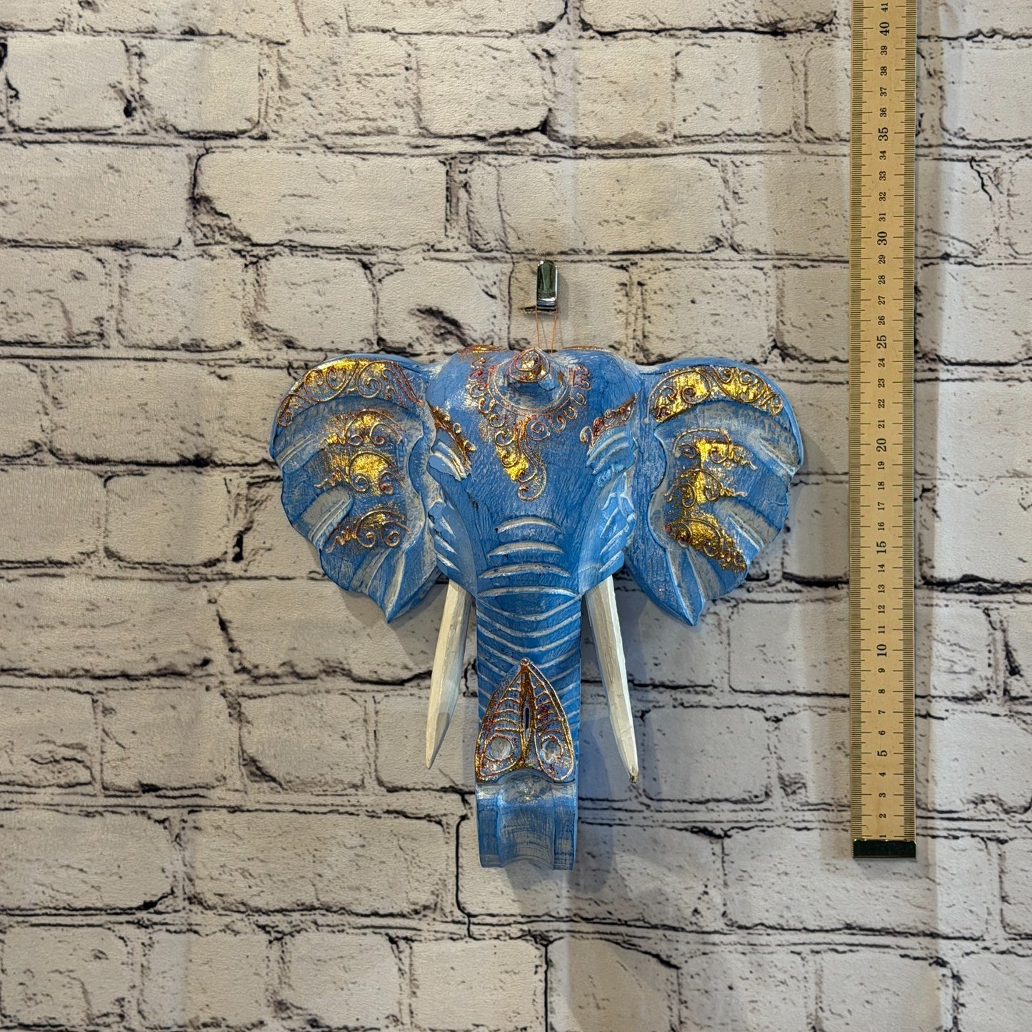 25cm x 25cm Blue Gold Painted Wood Elephant Head Wall Mounted Art Shabby4