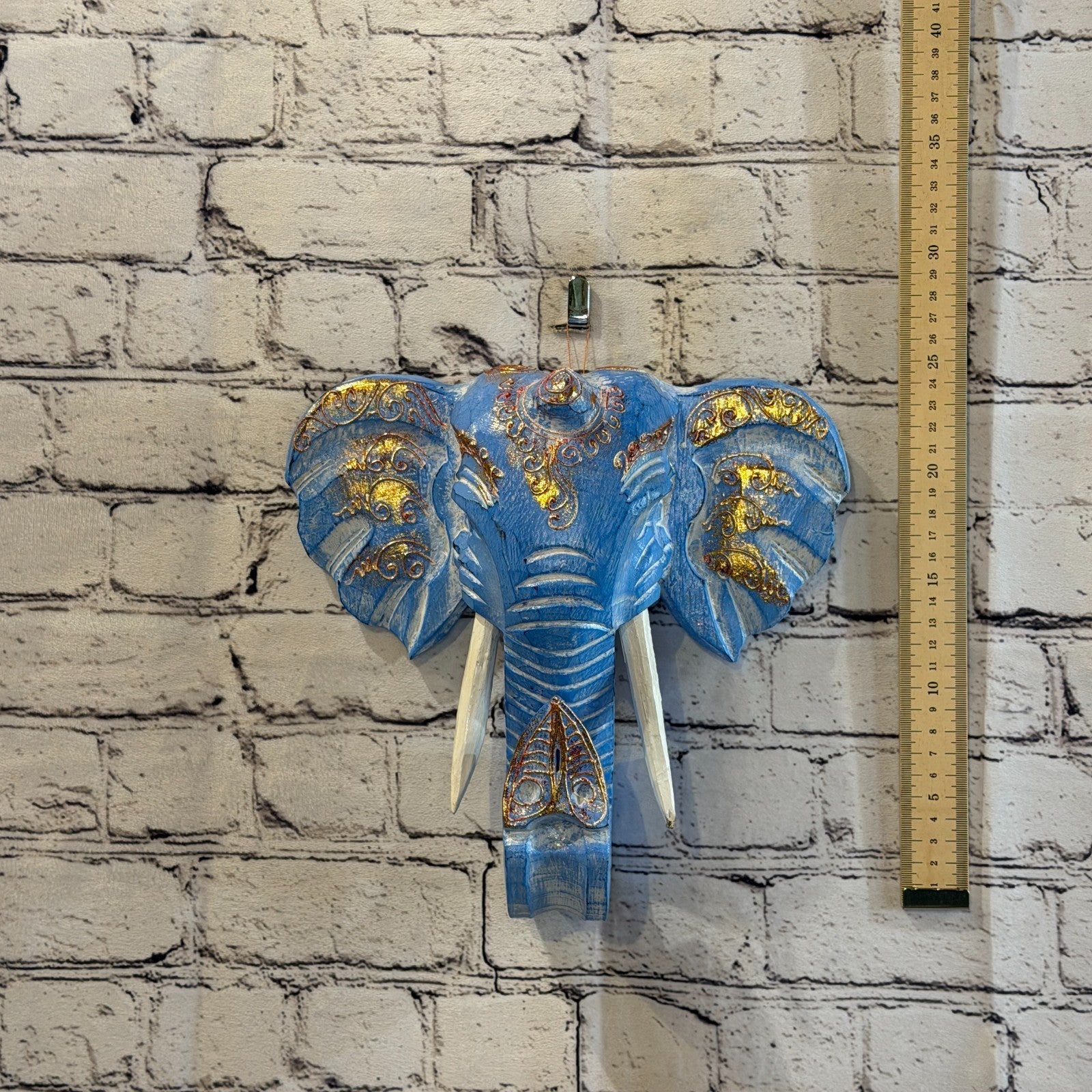 25cm x 25cm Blue Gold Painted Wood Elephant Head Wall Mounted Art Shabby4