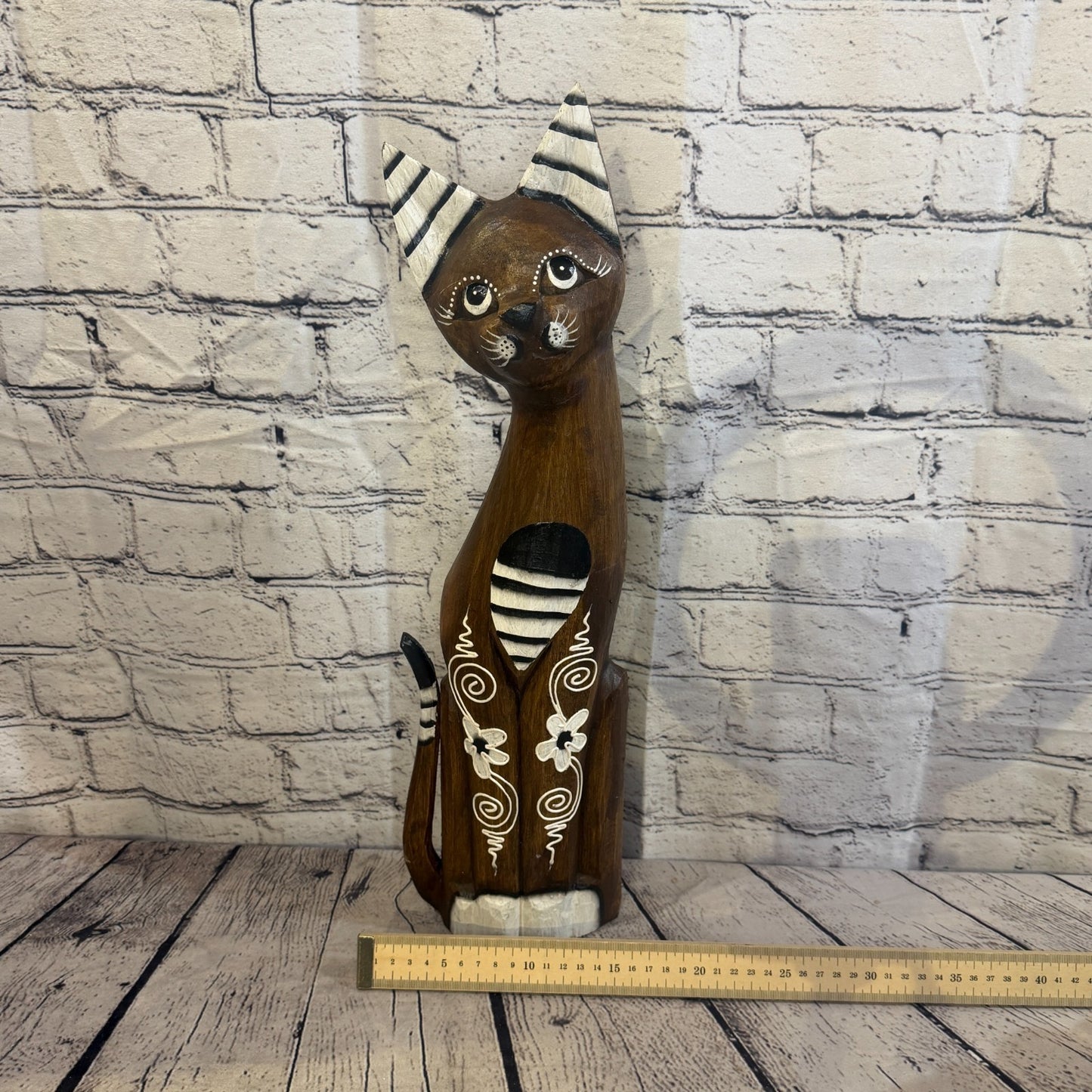 60cm Brown Flower Wooden Shabby Cat Statue Ornament Fair Trade Handcarved6