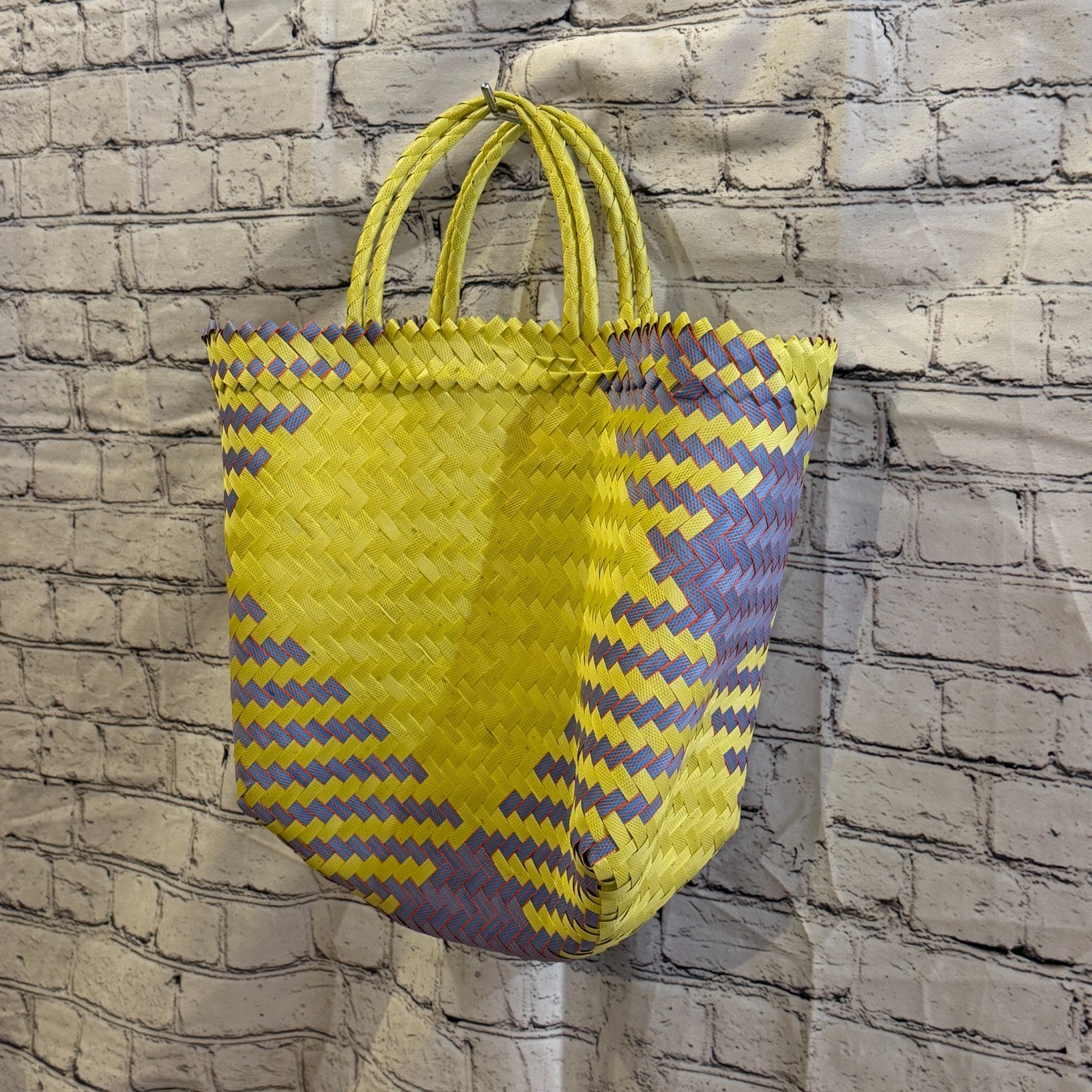 Yellow Purple 40cm Handwoven Tote Bag Recycled Plastic Eco-Friendly Market Beach1