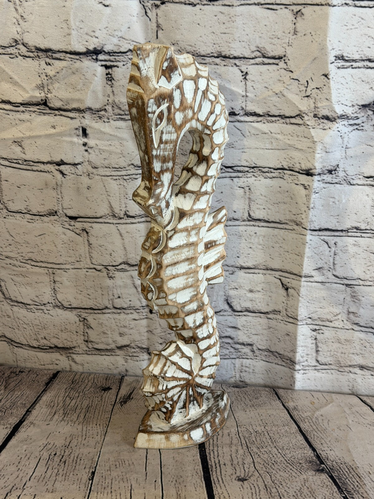 40cm Brown Wooden Shabby Seahorse Statue Ornament Fair Trade Handcarved0