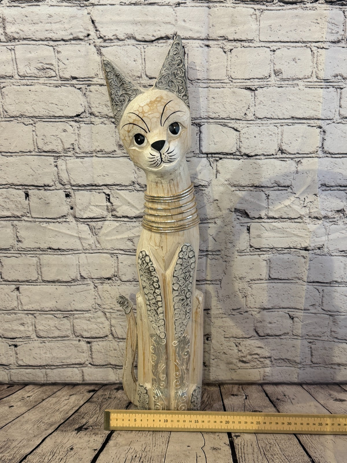 60cm White Silver Dots Wooden Shabby Cat Statue Ornament Fair Trade Handcarved6