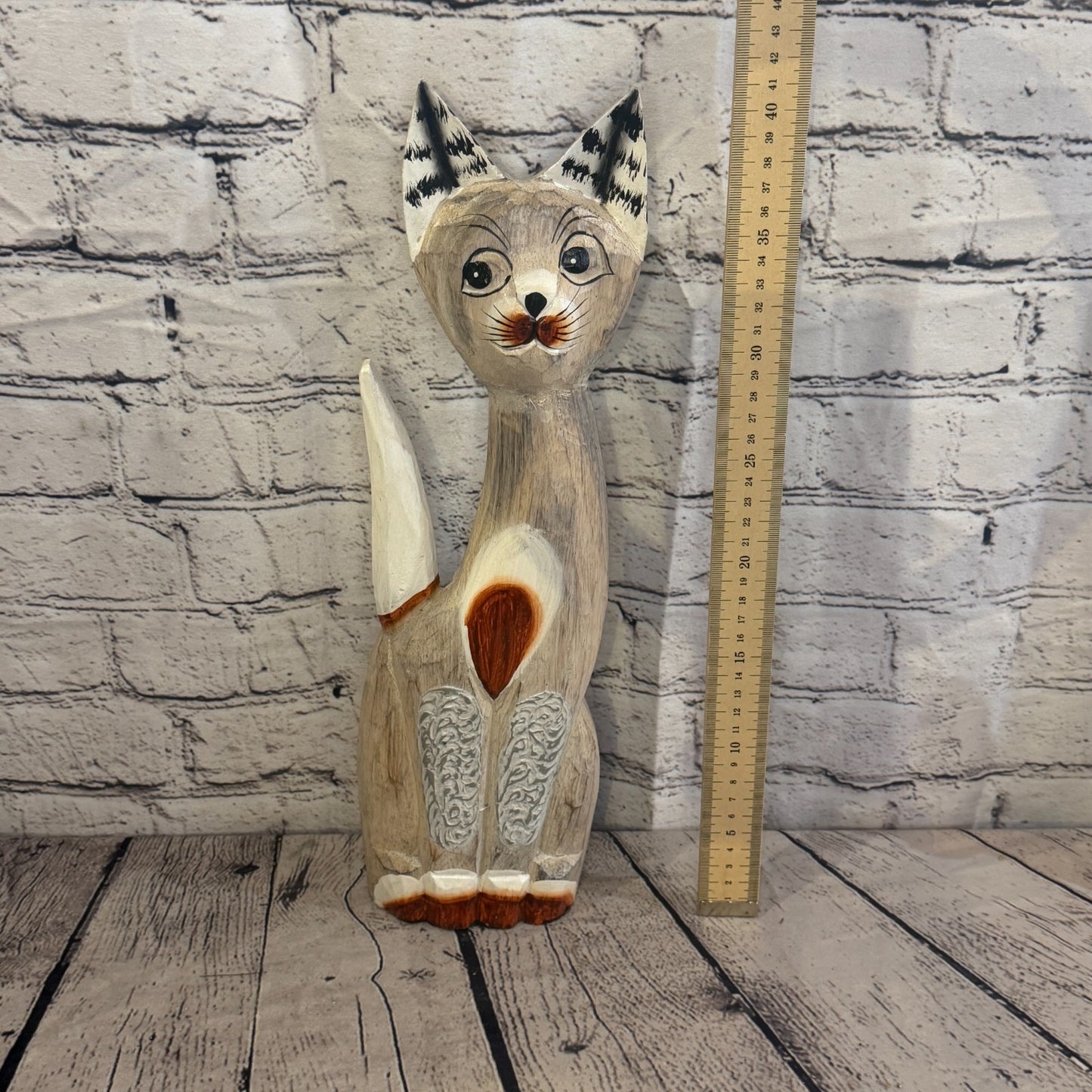 40cm White Dots Wooden Shabby Cat Statue Ornament Fair Trade Handcarved5