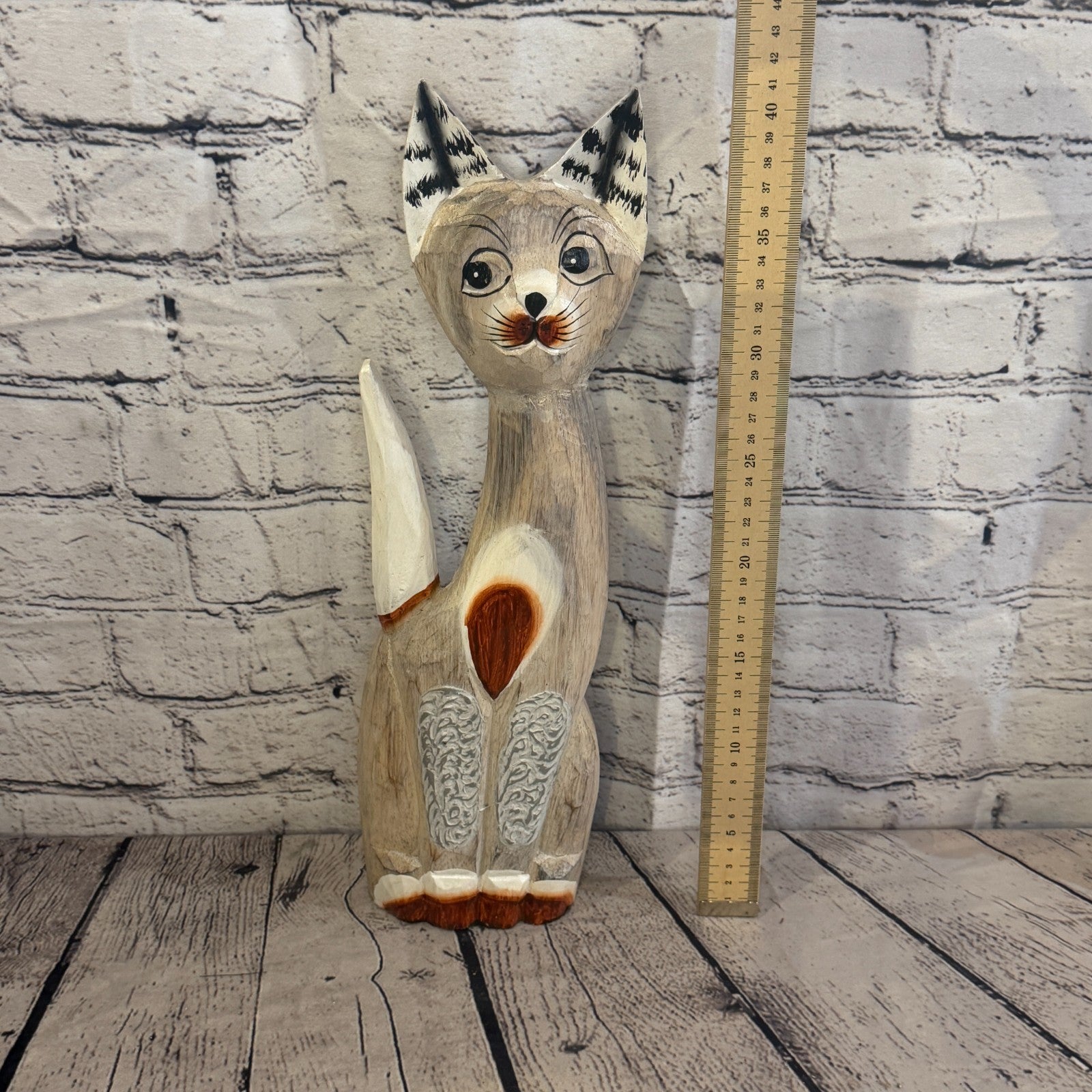 40cm White Dots Wooden Shabby Cat Statue Ornament Fair Trade Handcarved5