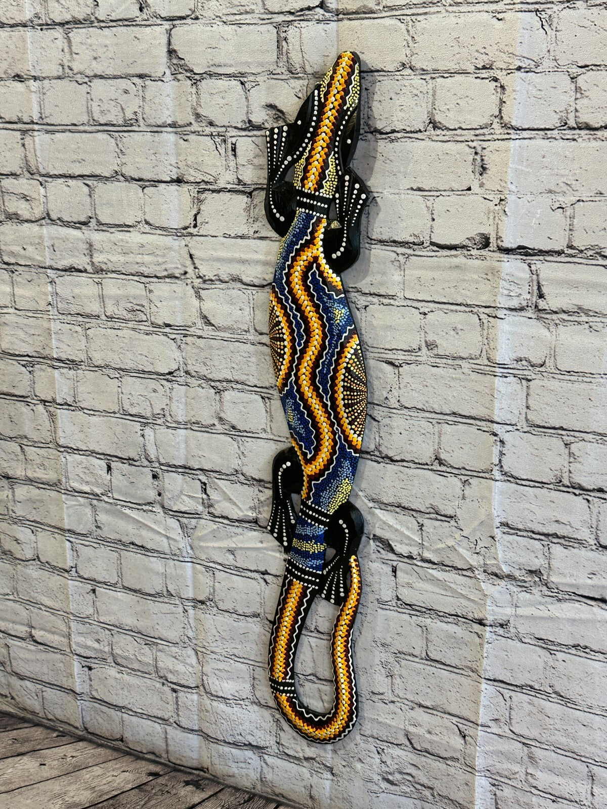 80cm Gecko Carved Wooden Dot Painted Ethnic Tribal Tiki Wall Art Handmade No 11