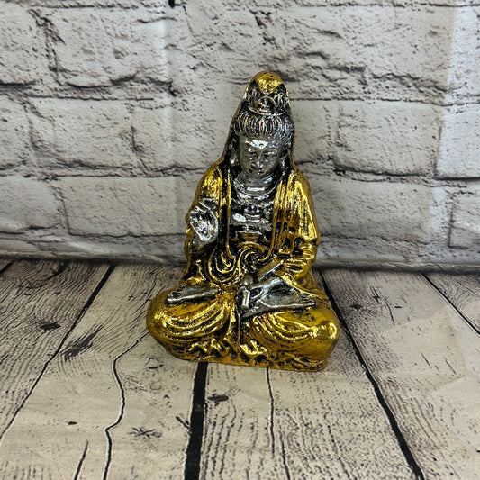 Silver And Gold 18cm x 10cm Small Quan Yin Sitting Lotus Statue Resin Hindu God0