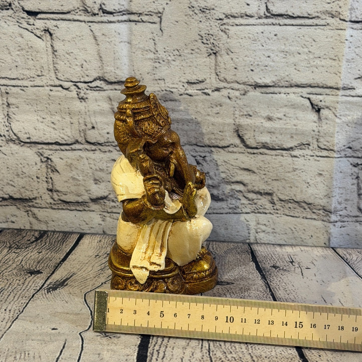 Cream & Bronze 18cm Large Ganesh Ganesa Sitting On Lotus Statue Resin Hindu7