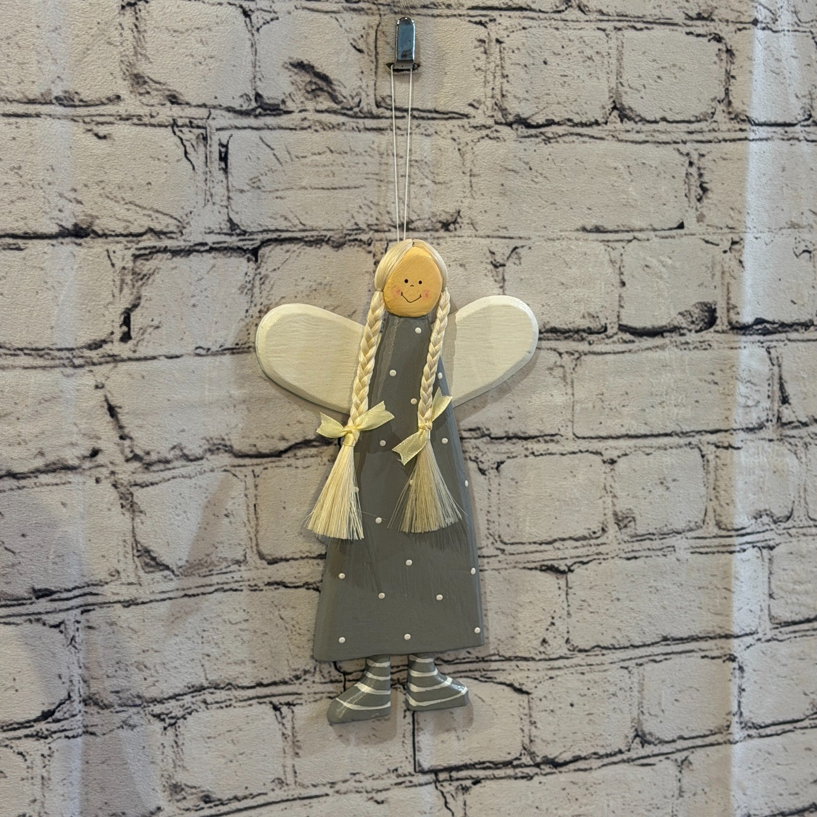 25cm Grey Wall Hanging Angel Figurine Folk Art Wood Fabric Baltic Handmade2