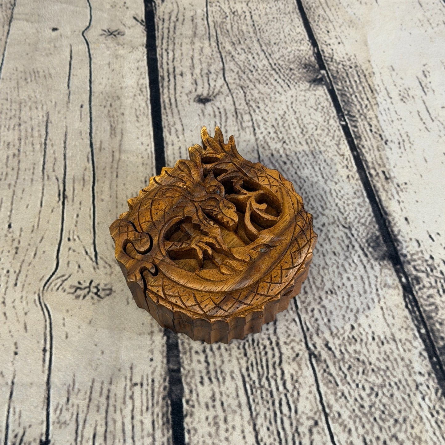 Round Dragon Scale 4 Bit Wooden Puzzle Box Secret Box Magic Trinket Handmade0