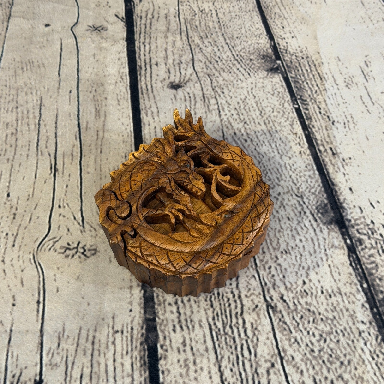 Round Dragon Scale 4 Bit Wooden Puzzle Box Secret Box Magic Trinket Handmade0