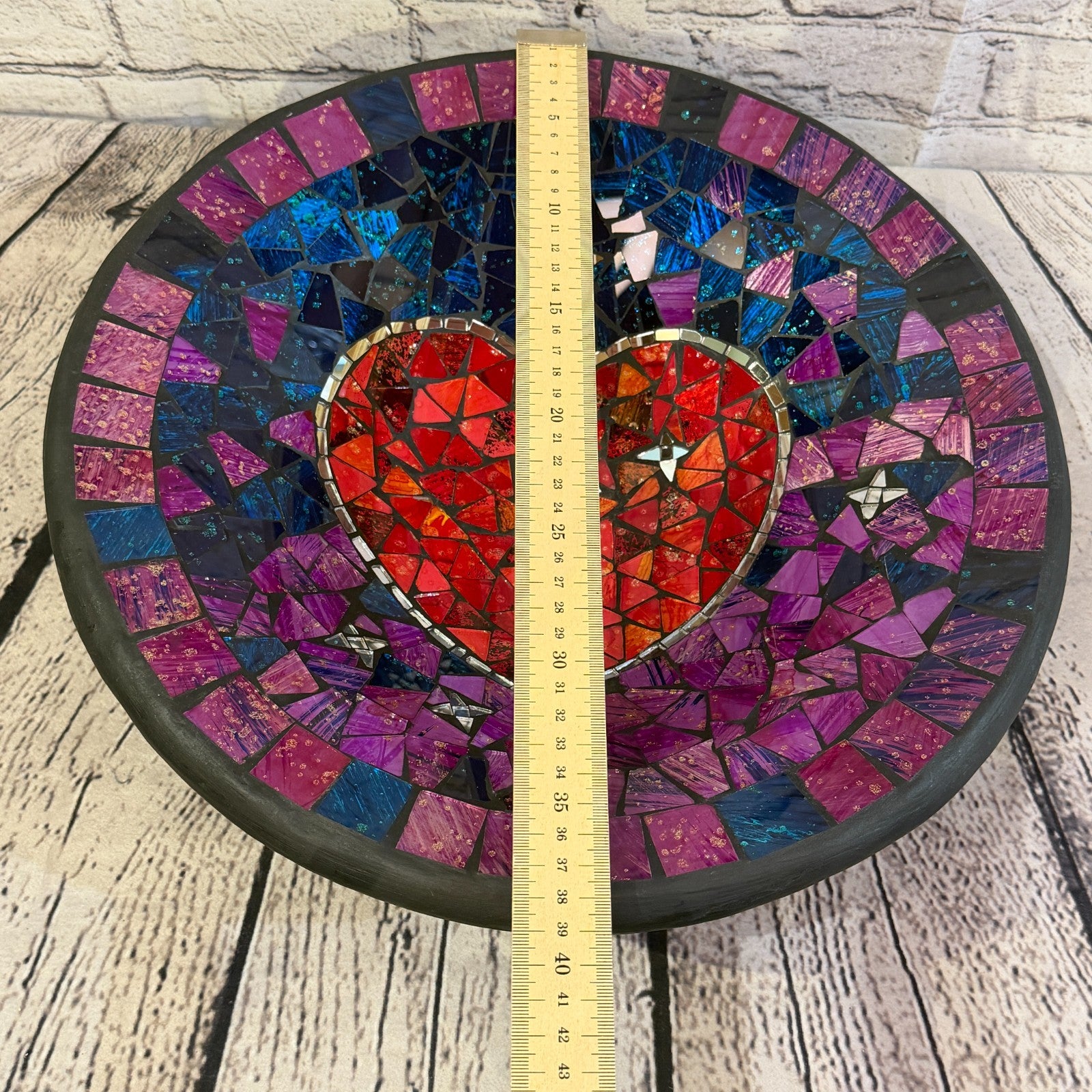 35cm Purple Red Heart Round Mosaic Handmade Ceramic Glass Tile Bowl Fruit2