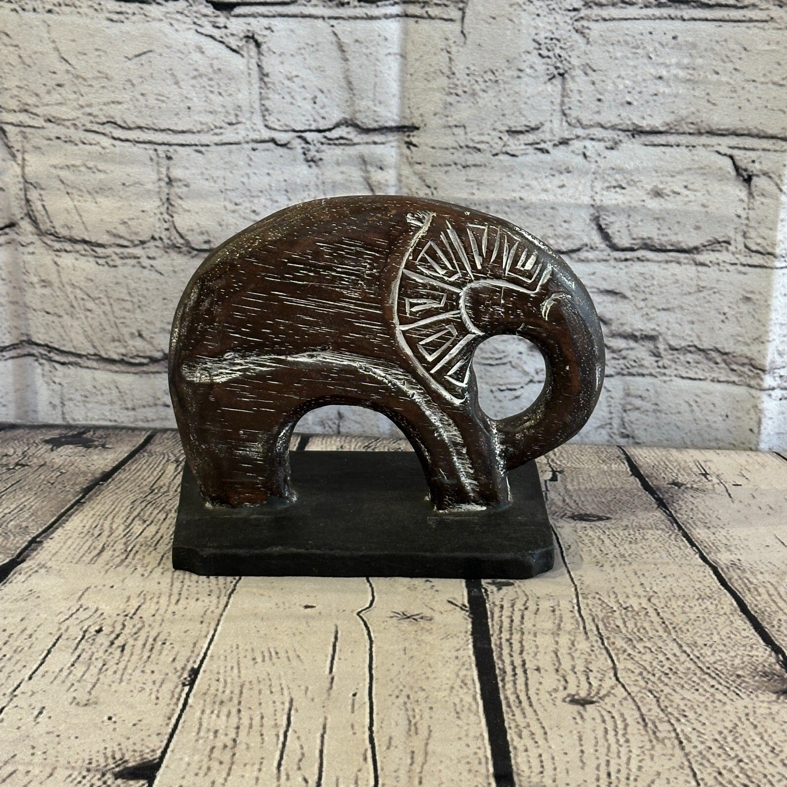 15cm x 15cm Wooden Tribal Primitive Black Elephant Round Stand Sculpture Statue3