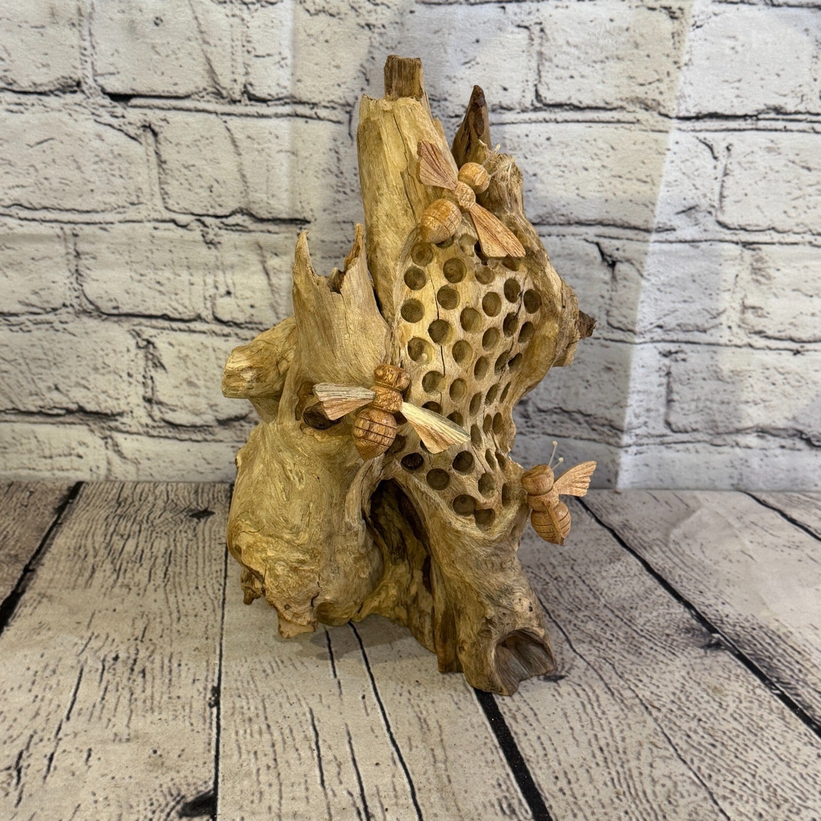 25cm Bees Honeycomb Mushroom Parasite Bee Wood Ornament Natural Carving Wooden2