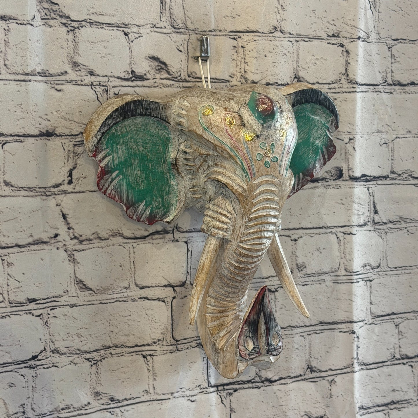 30cm x 30cm Silver Green Painted Wood Elephant Head Wall Mounted Art Shabby0