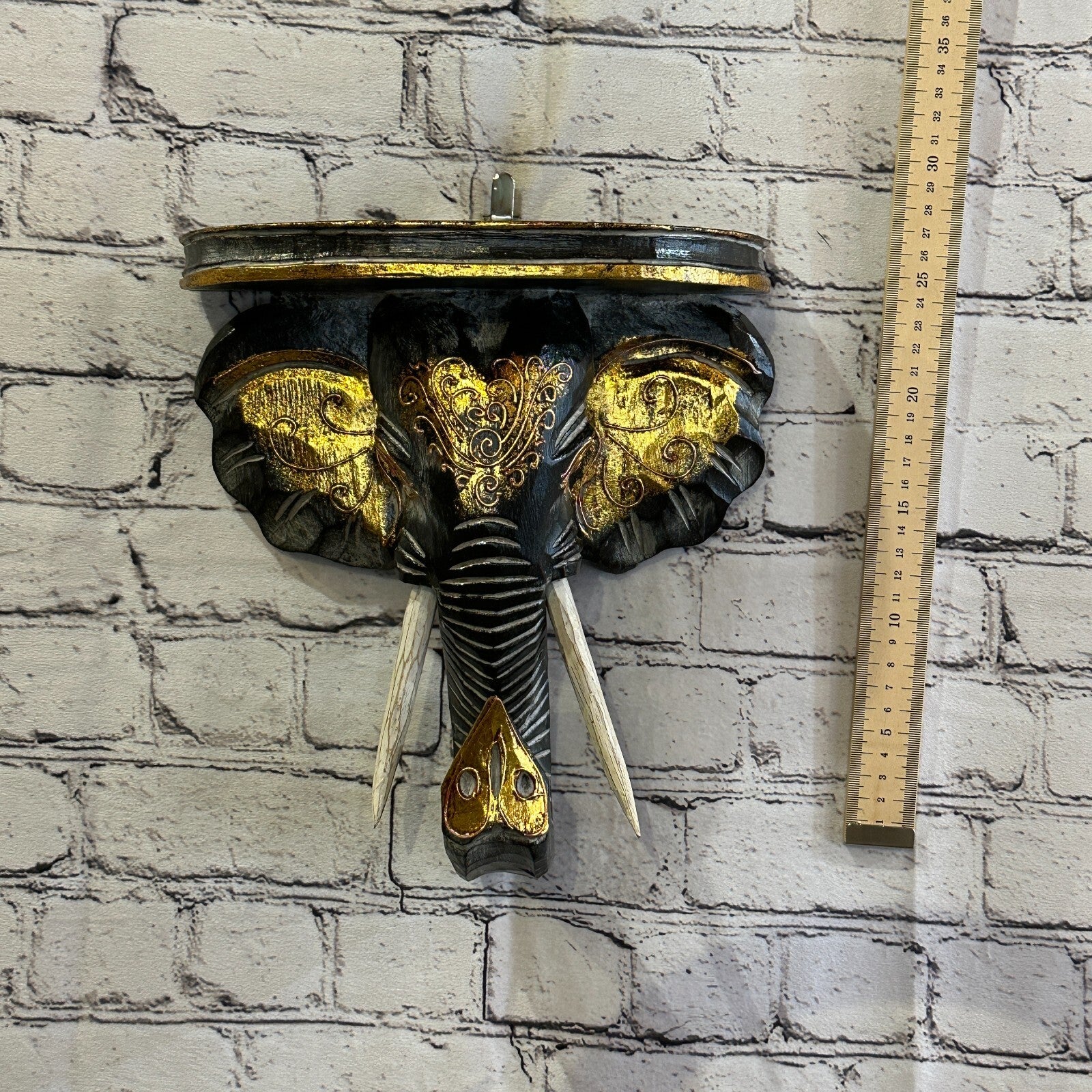 25cm x 25cm Black Gold Shelf Wood Elephant Head Wall Mounted Art Large Shabby3