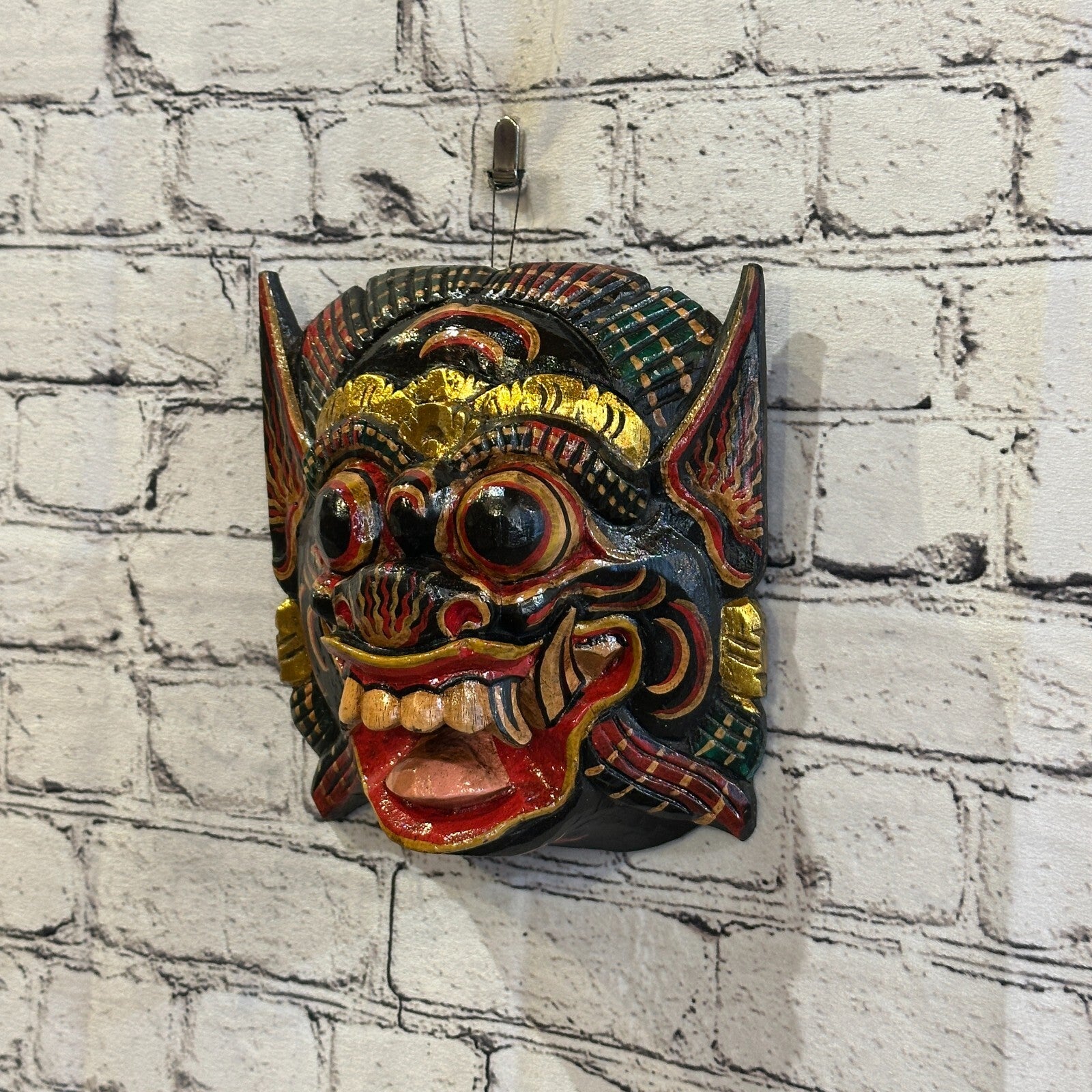 Large Wooden Black Barong Wall Mask 20cm x 20cm Handmade And Fairtrade Hindu1
