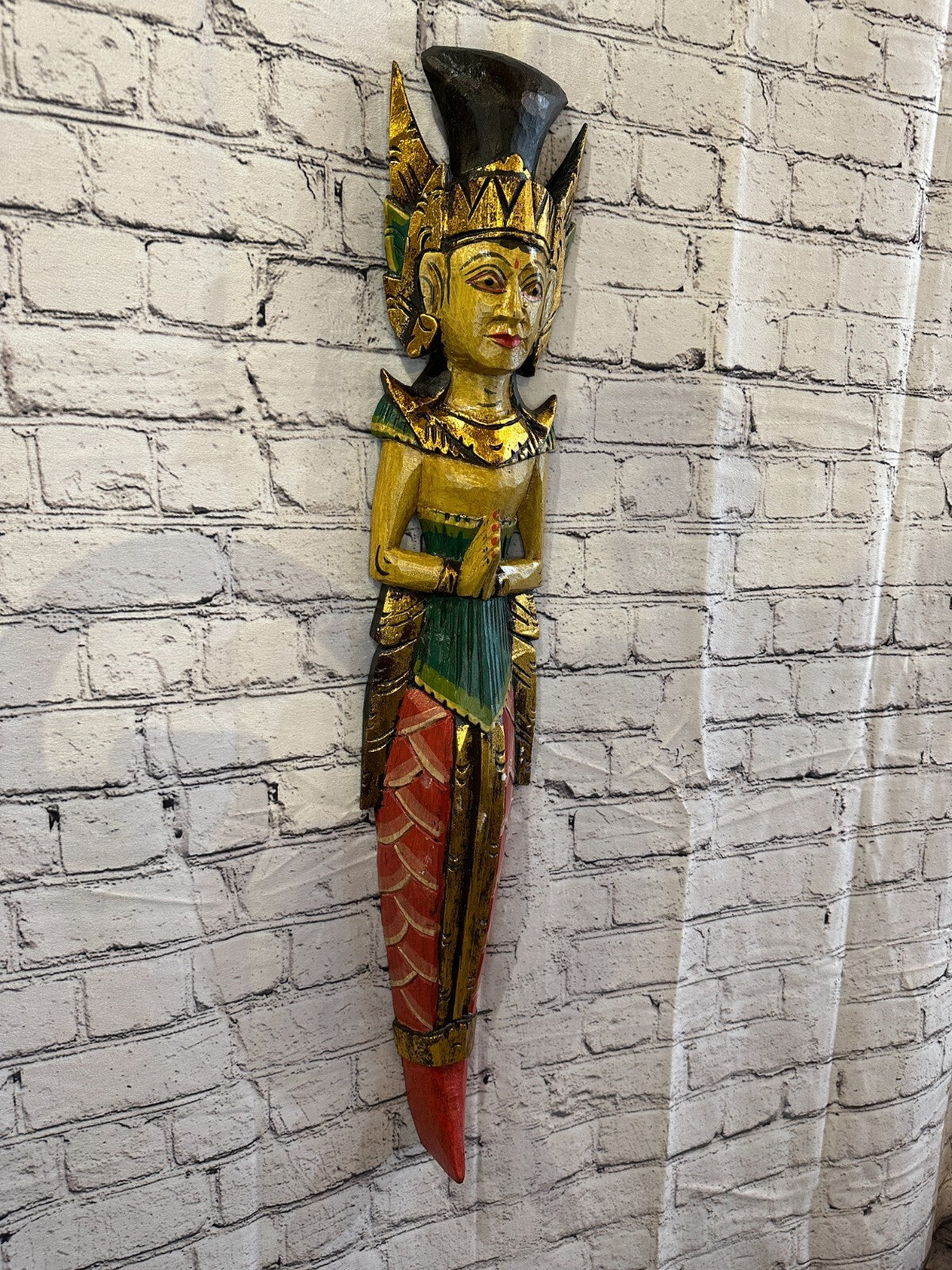 Old Antique Colour Sita Dewi Bali Rice Goddess Wings Mermaid Wood 80cm Pair3