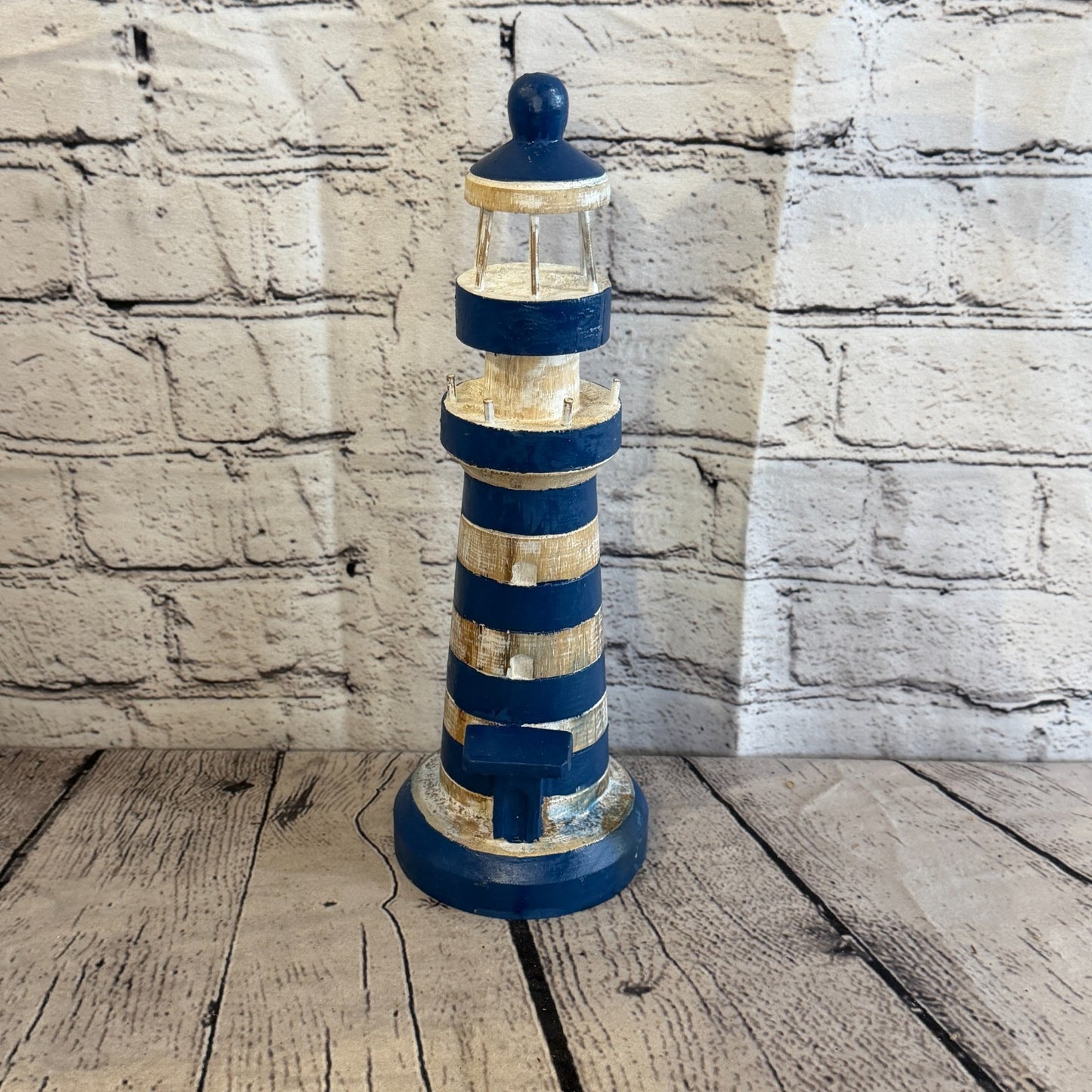 30cm Blue White Wooden Lighthouse Detailed Ornament Nautical Coastal Sculpture1