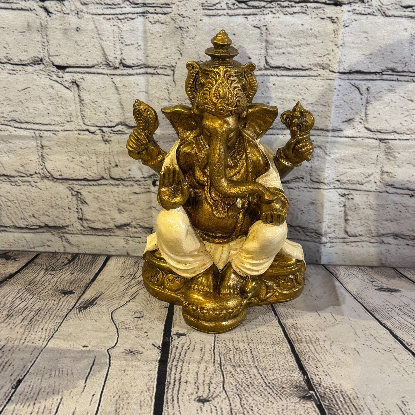 Cream & Bronze 25cm Large Ganesh Ganesa Sitting On Lotus Statue Resin Hindu0