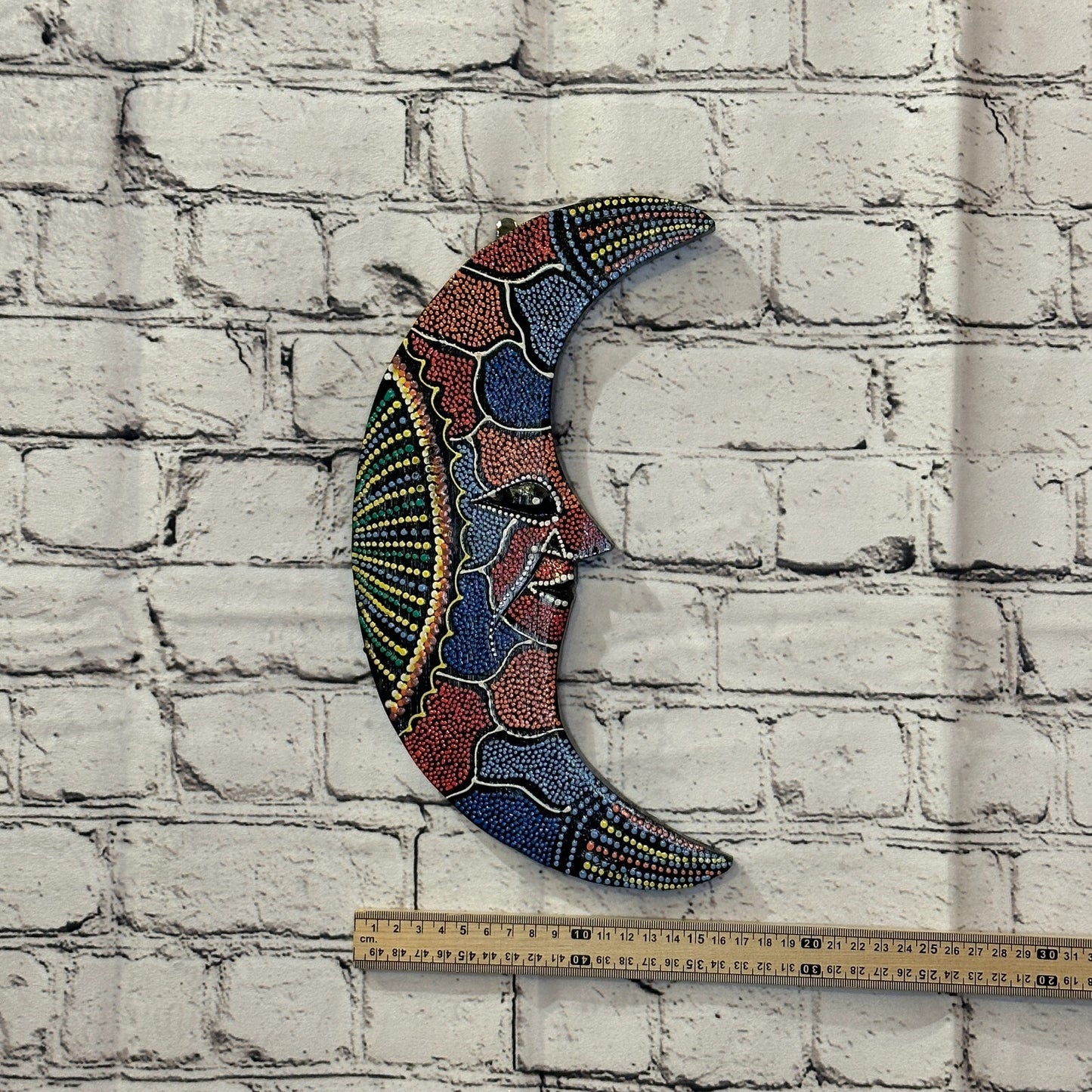 30cm Crescent Moon Carved Wooden Dot Painted Ethnic Tribal Tiki Wall Art No 23