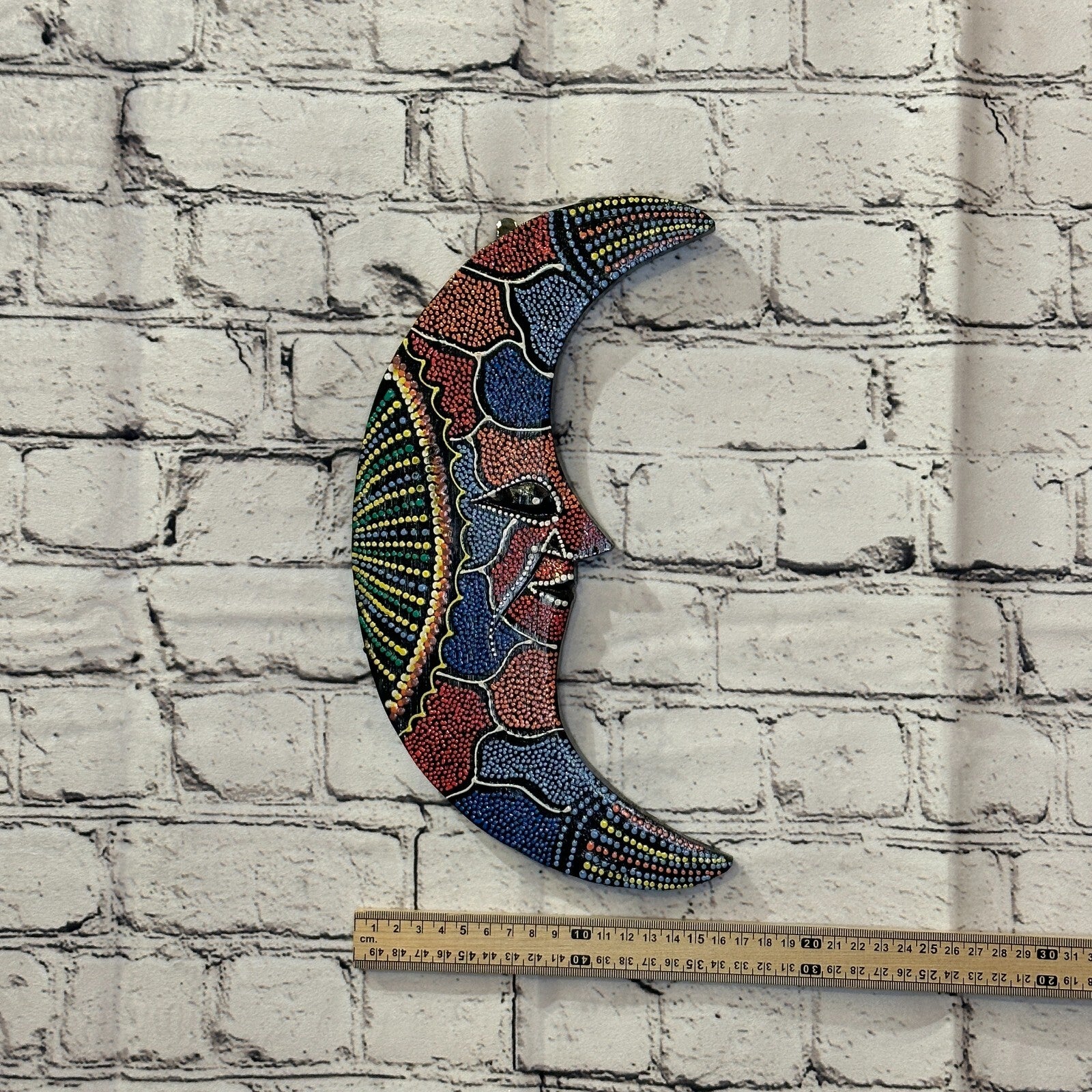 30cm Crescent Moon Carved Wooden Dot Painted Ethnic Tribal Tiki Wall Art No 23