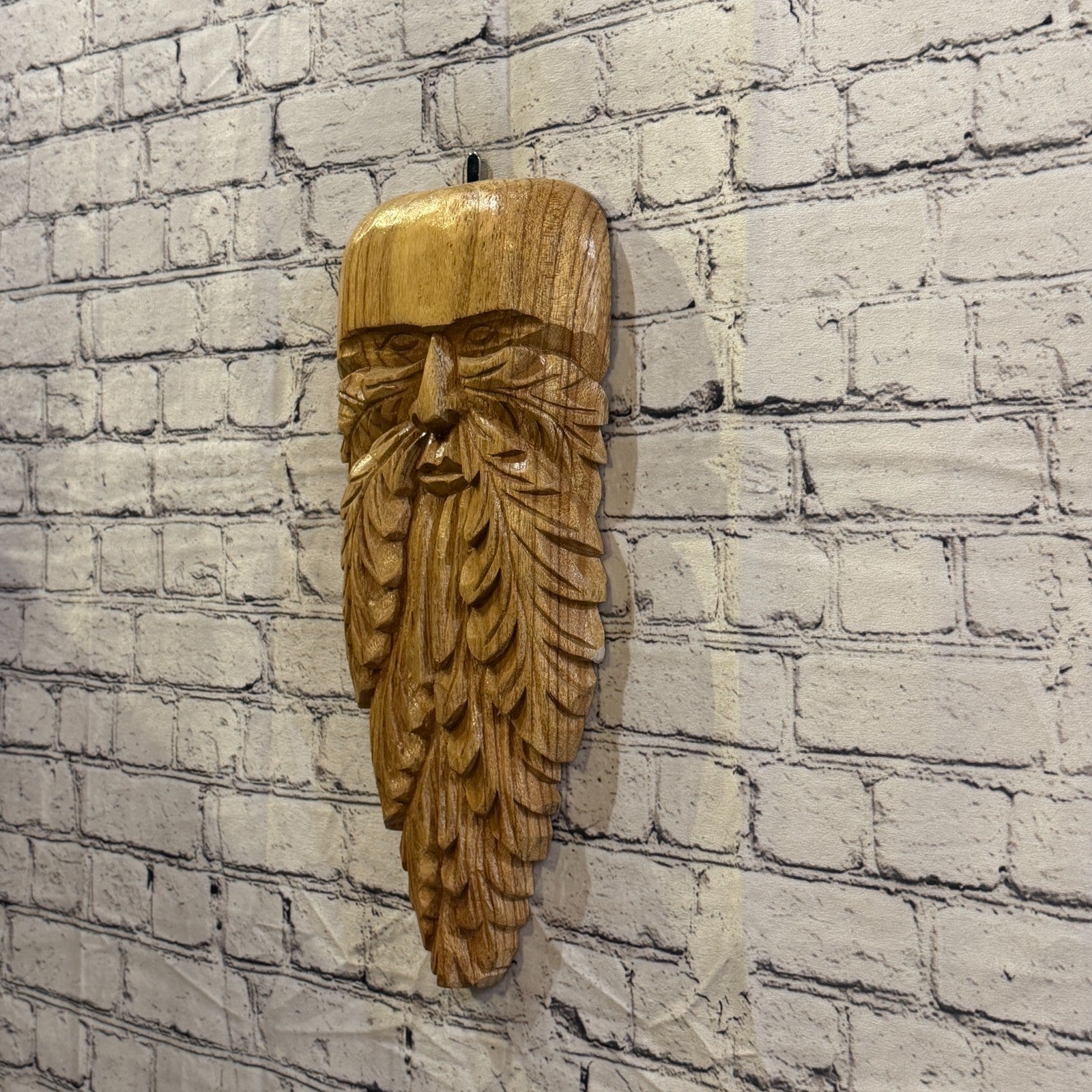 Green Man Of The Woods 45cm x 20cm Flat Carved Wizard Tree Trunk Wood Fairtrade1