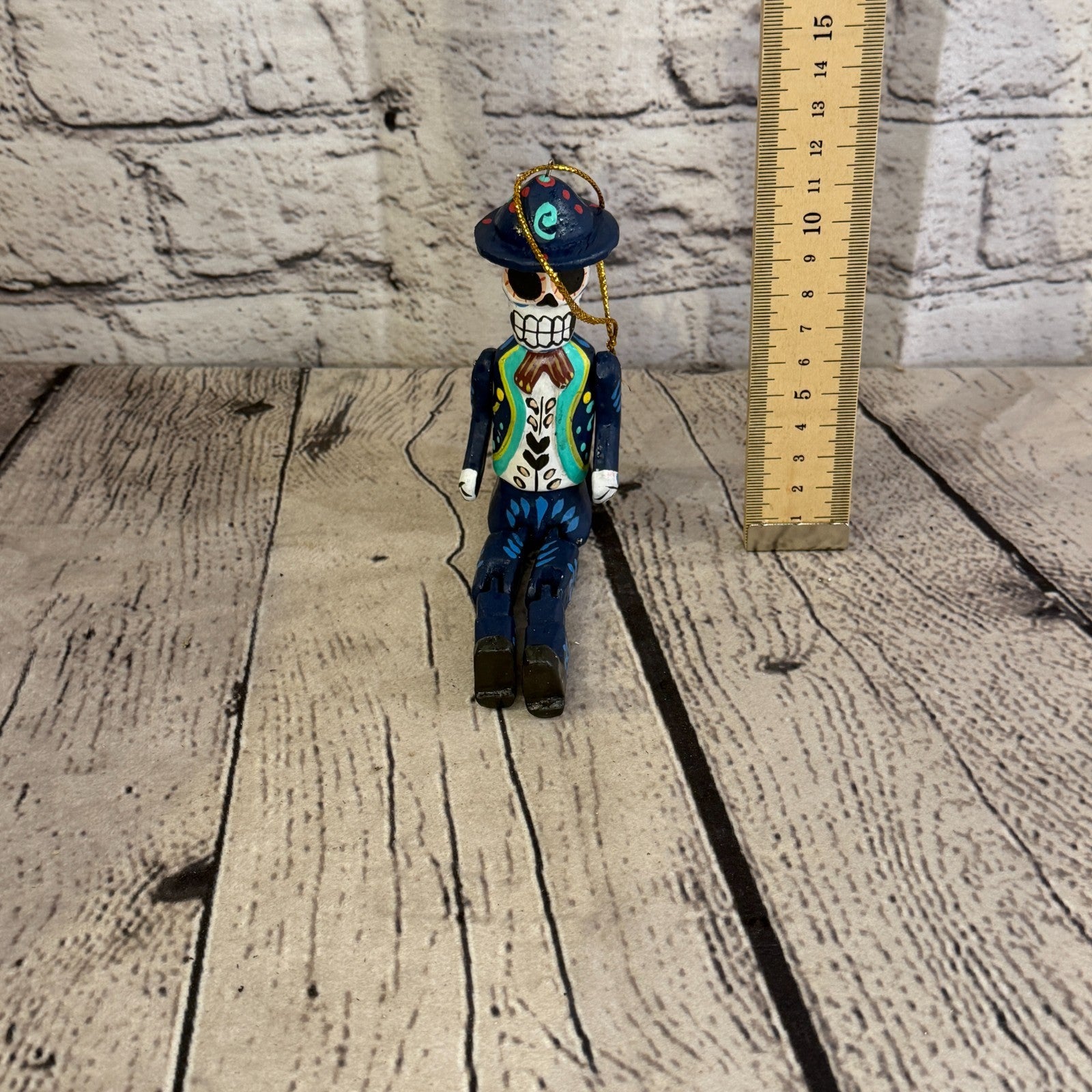 10cm Navy Day Of The Dead Man Sitting Animal, Wooden Shelf Ornament Fairtrade5
