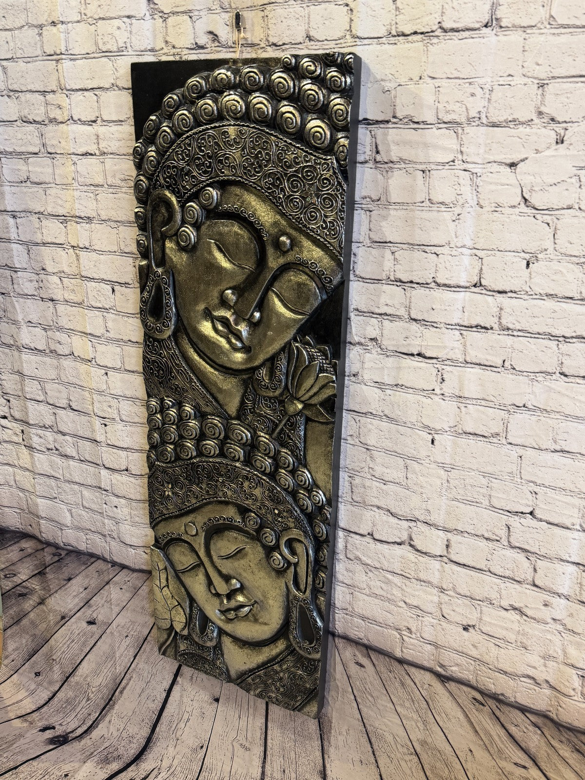 120cm x 40cm Silver Black 2 Buddha Wall Art Plaque Handcarved Wooden Wood Panel2