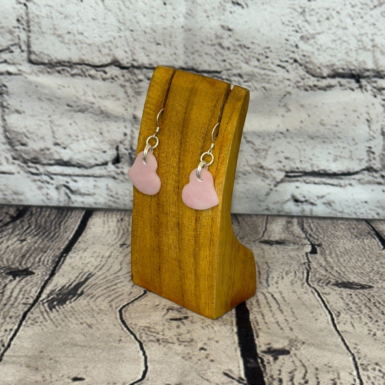 Pink Recycled Heart Silver Plate Dangle Drop Earrings Handmade UK Jewellery1